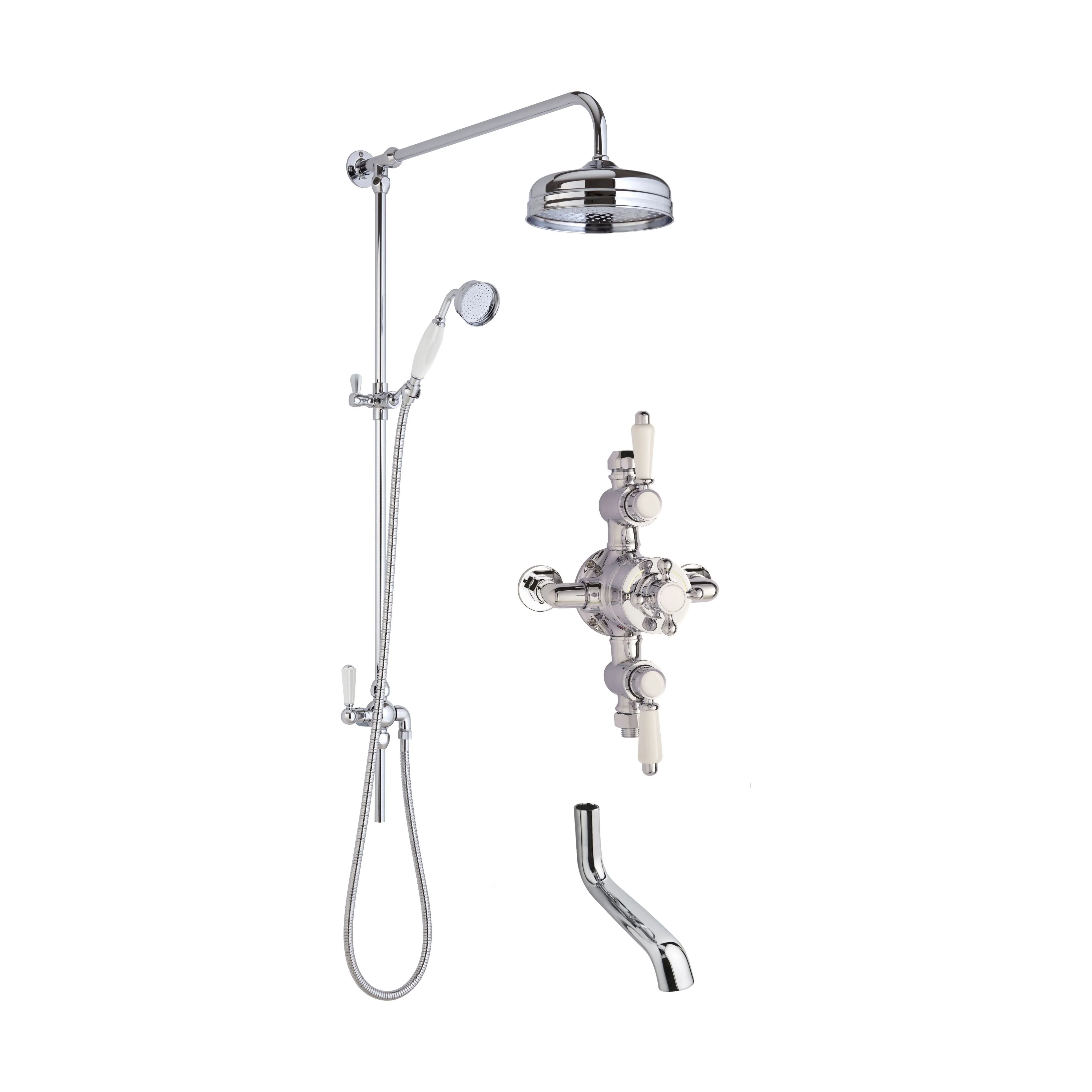 Traditional Shower Triple Exposed Valve with Rigid Riser Shower & Bath Spout Set - Chrome/White - Balterley