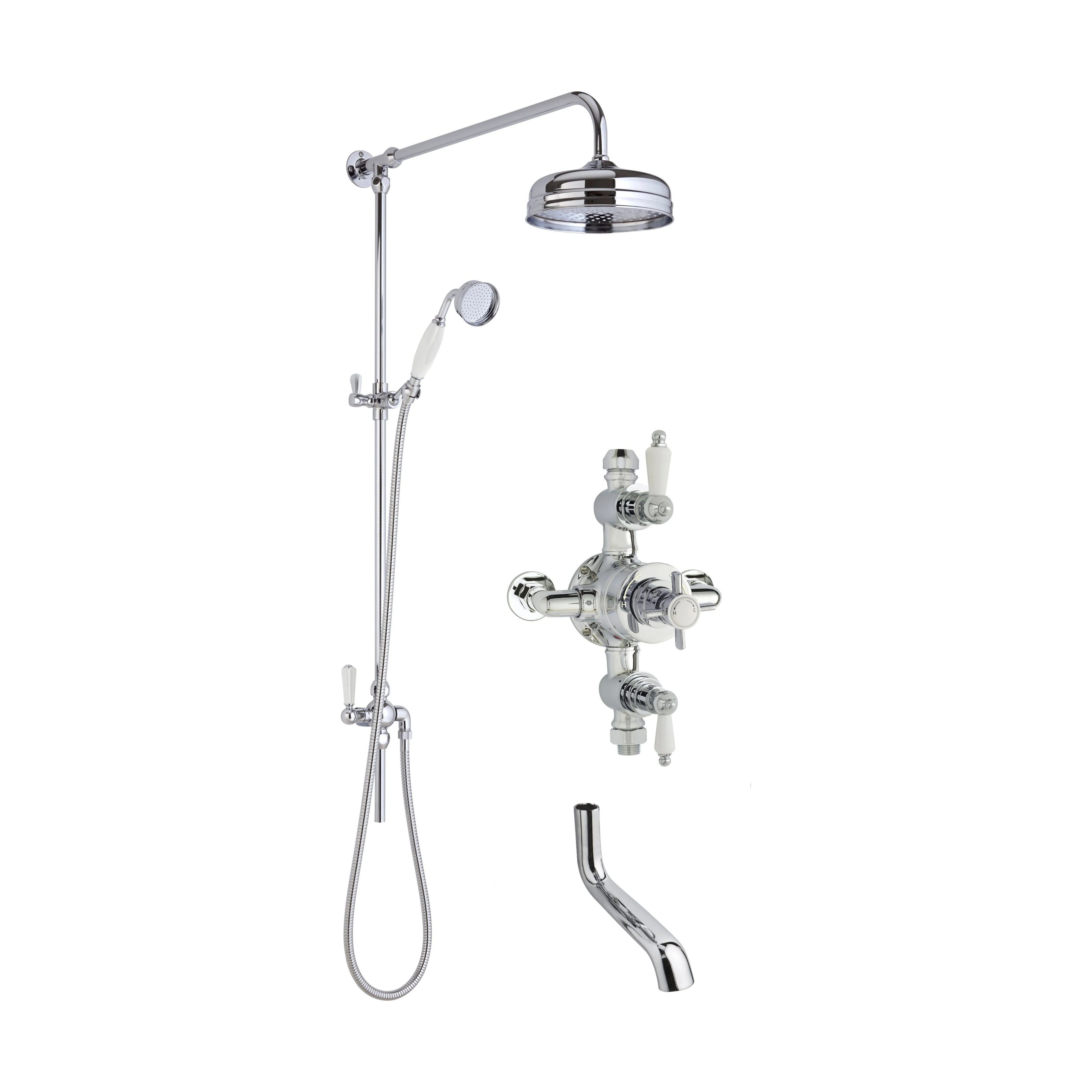Kingsey Traditional Shower Triple Exposed Valve with Rigid Riser Shower & Bath Spout Set - Chrome/White - Balterley