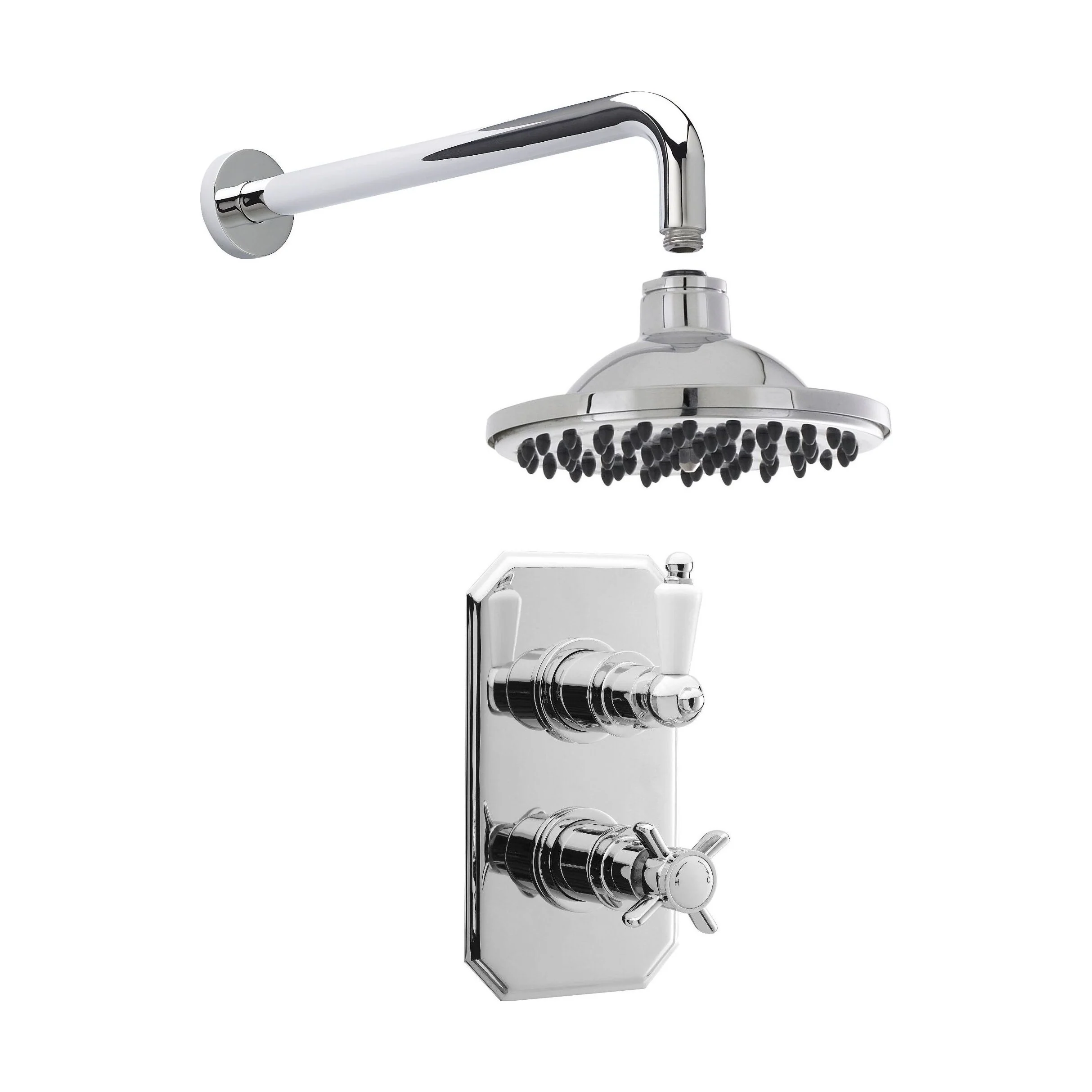 Traditional Concealed Twin Victorian Valve with Head & Arm Shower Set - Chrome/White - Balterley