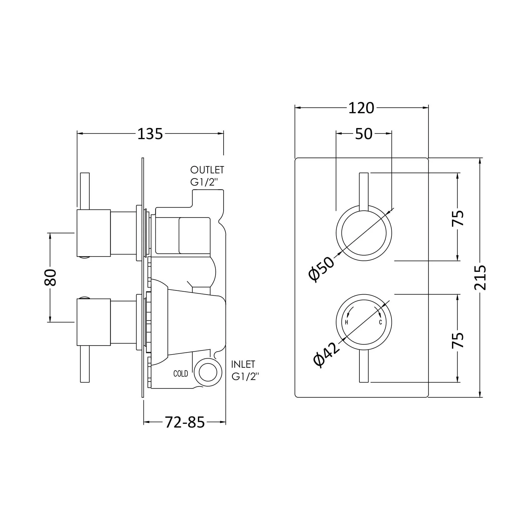 Round Concealed Twin Thermostatic Shower Valve (1 Outlet) - Chrome - Image 2