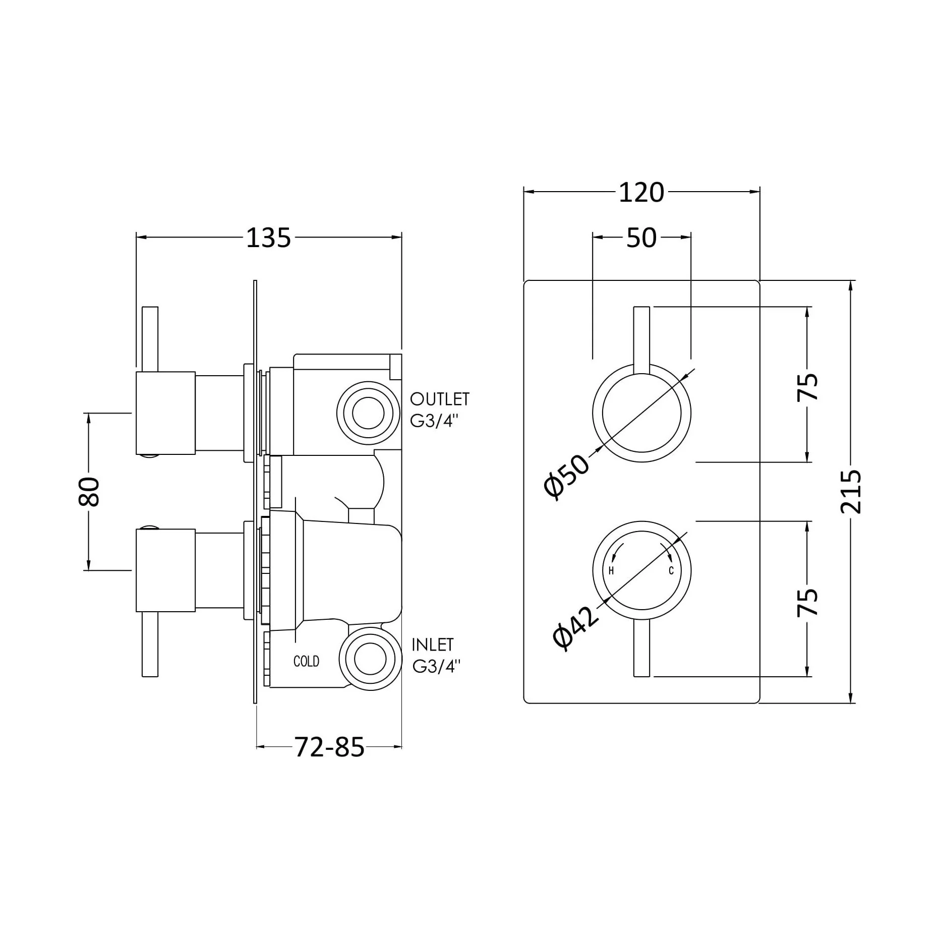 Round Concealed Twin Thermostatic Shower Valve With Diverter (2 Outlets) - Chrome - Balterley - Image 2