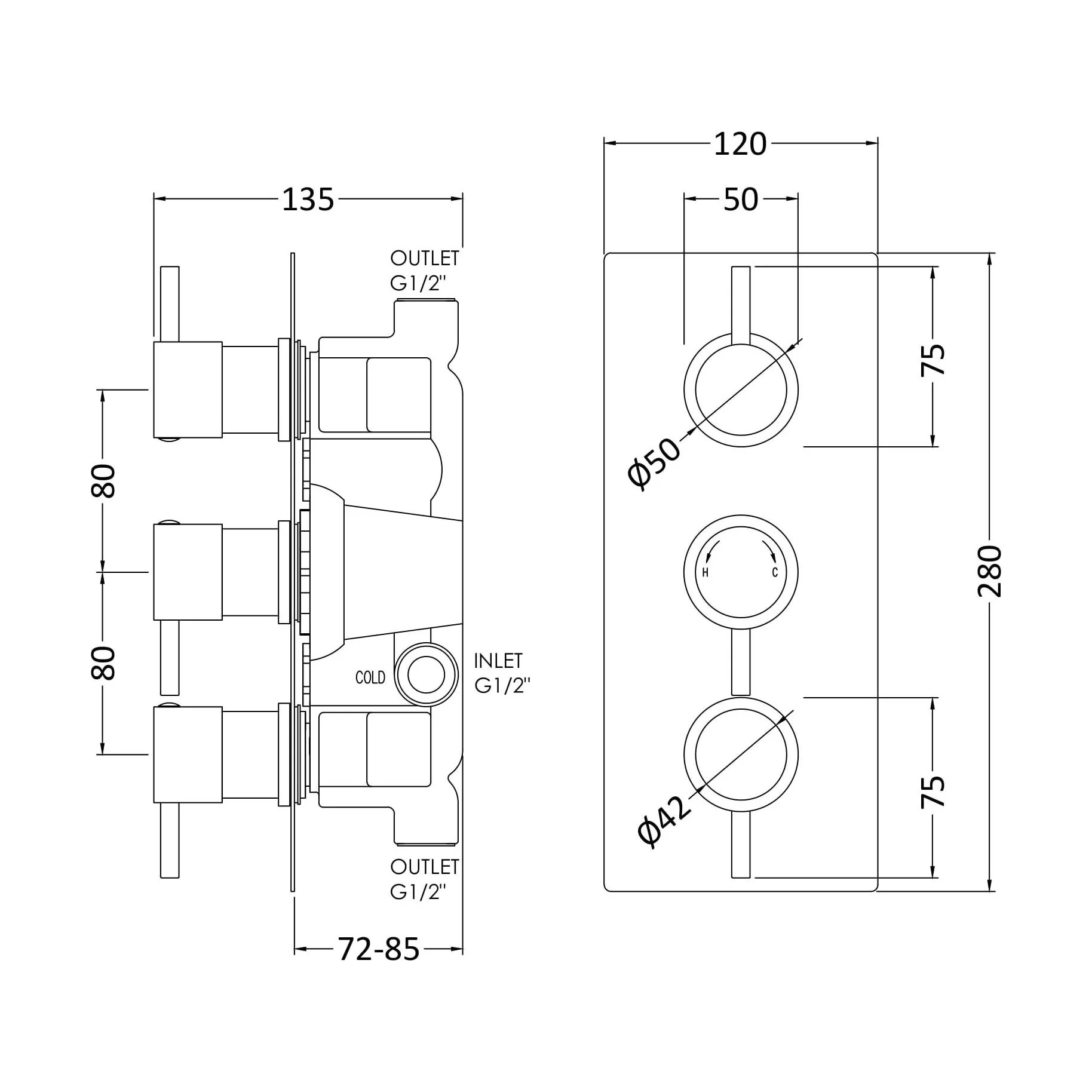 Round Concealed Triple Thermostatic Shower Valve (2 Outlets) - Chrome - Balterley - Image 2