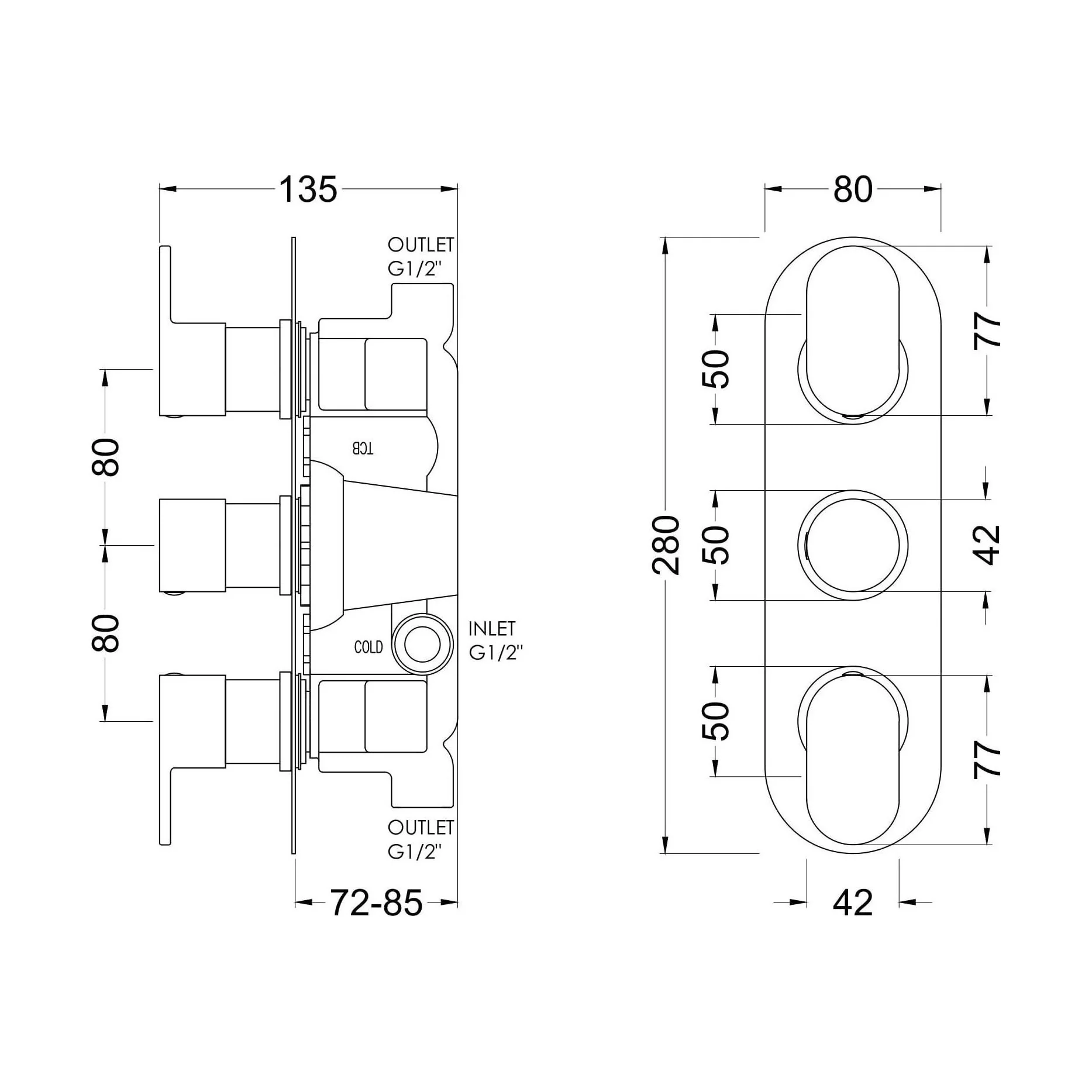 Balterley Current Contemporary Round Triple Concealed Thermostatic Shower Valve with Lever and Knob Handles - Chrome Finish - Image 2