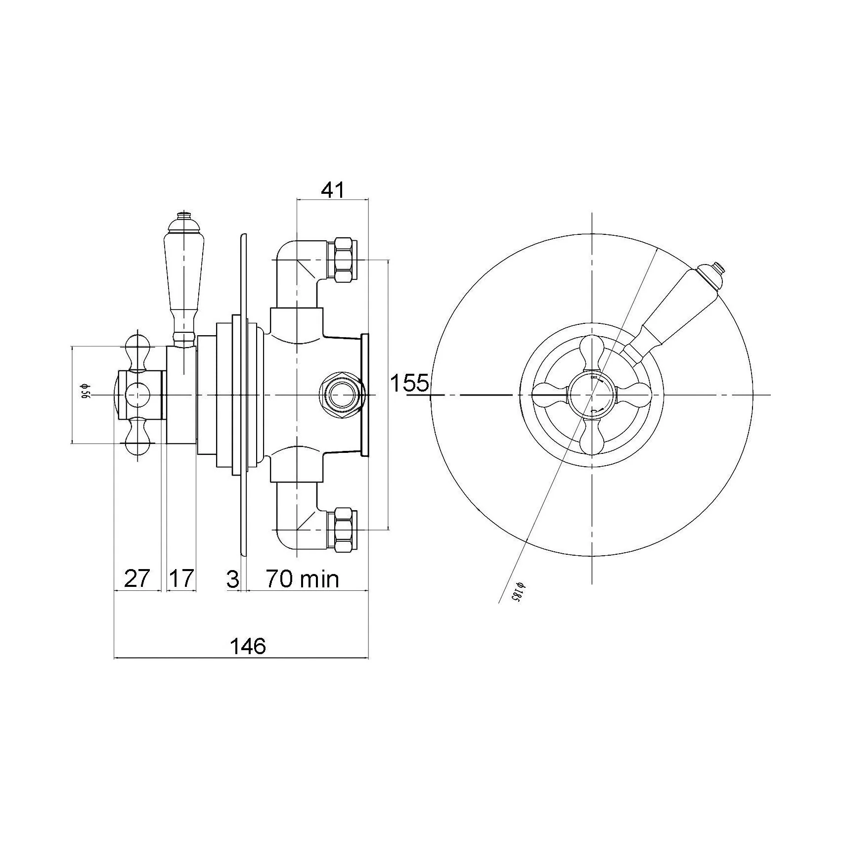 Traditional Concealed Dual Thermostatic Shower Valve (1 Outlet) - Chrome - Balterley - Image 2