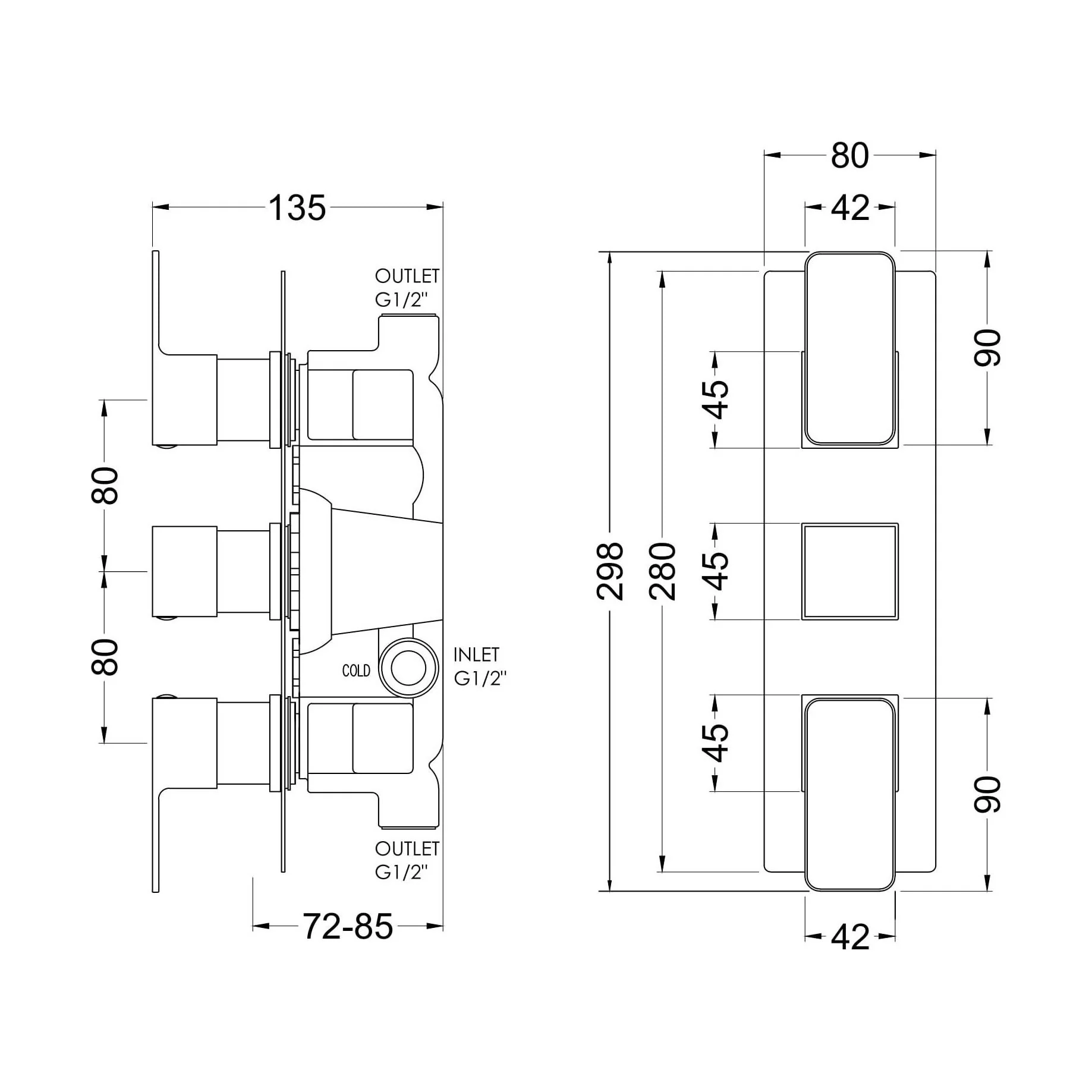 Empire Square Concealed Triple Thermostatic Shower Valve (2 Outlets), Brushed Brass - Balterley - Image 2