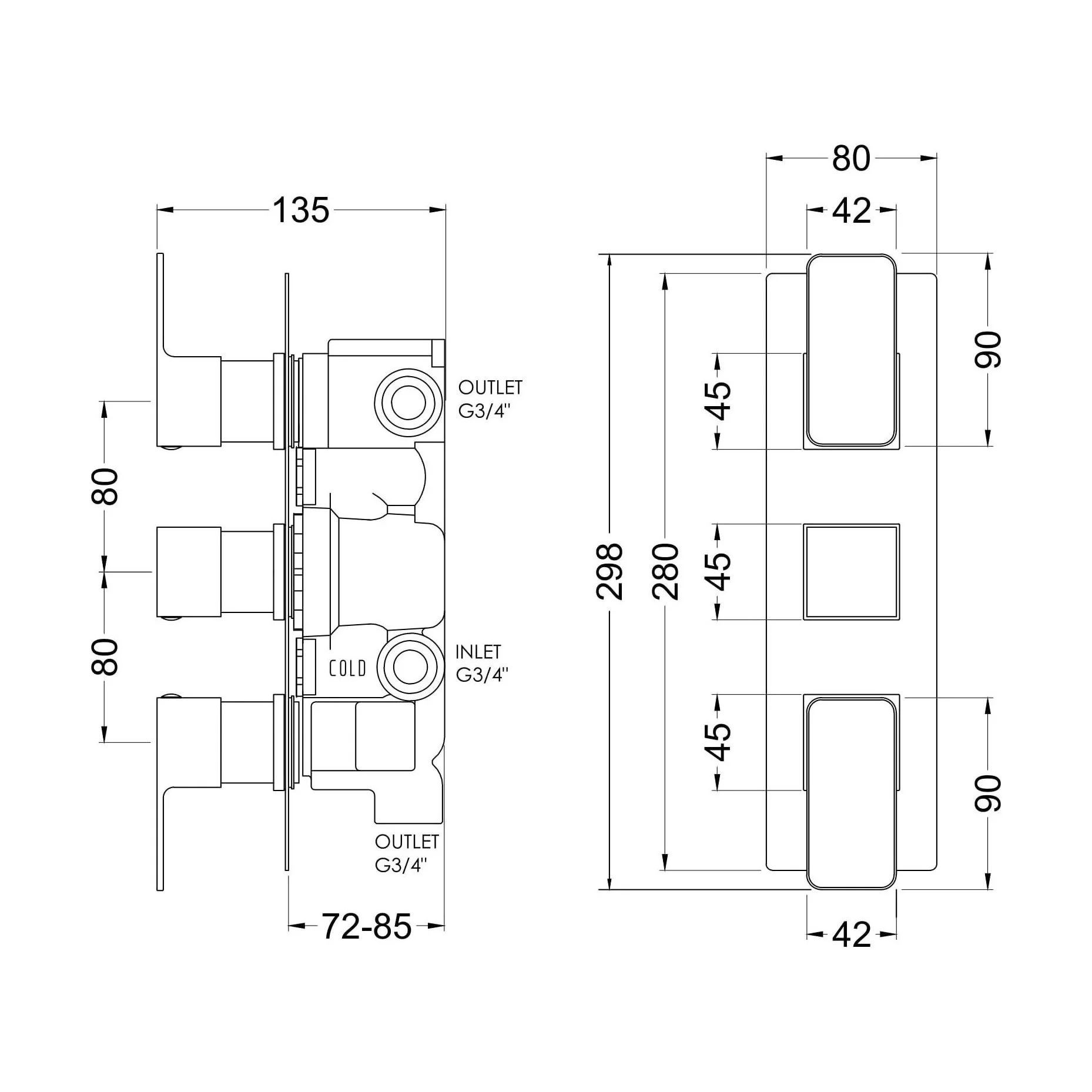 Empire Square Concealed Thermostatic Triple Shower Valve with Diverter (3 Outlets) - Chrome - Balterley - Image 2