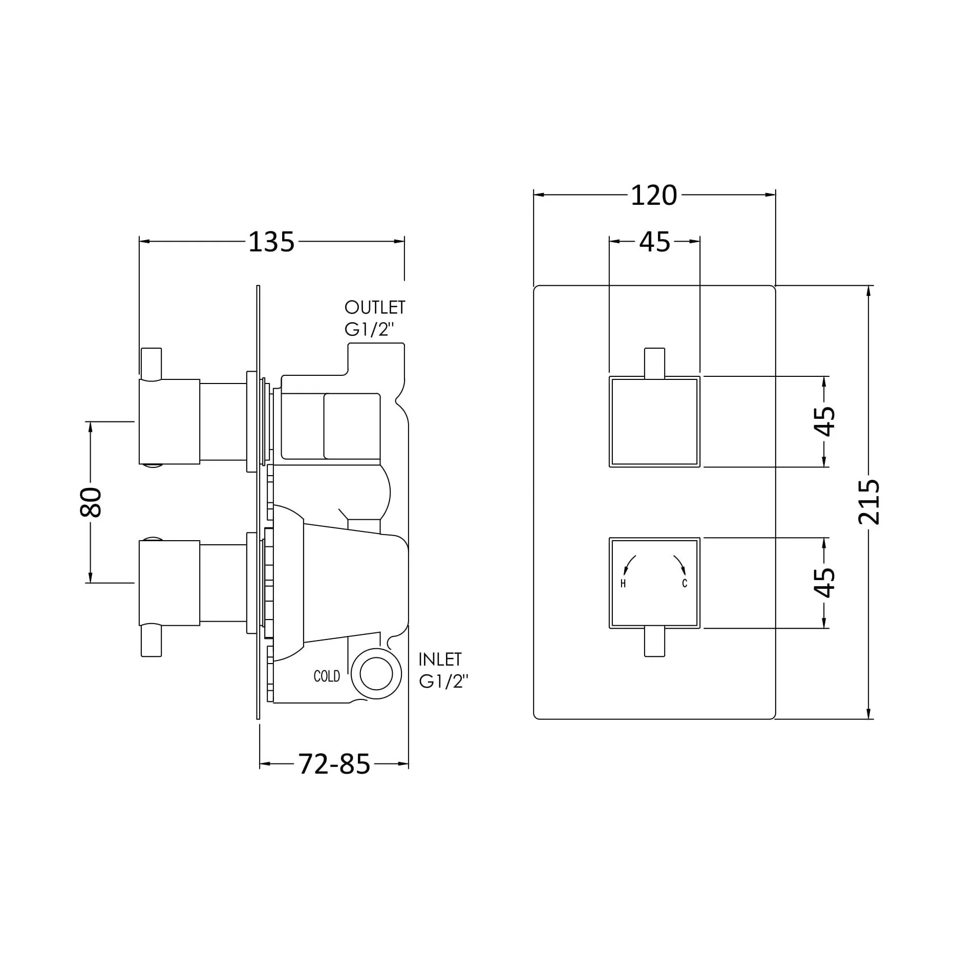 Balterley Contemporary Square Concealed Twin Thermostatic Shower Valve 1 Outlet - Chrome - Image 2