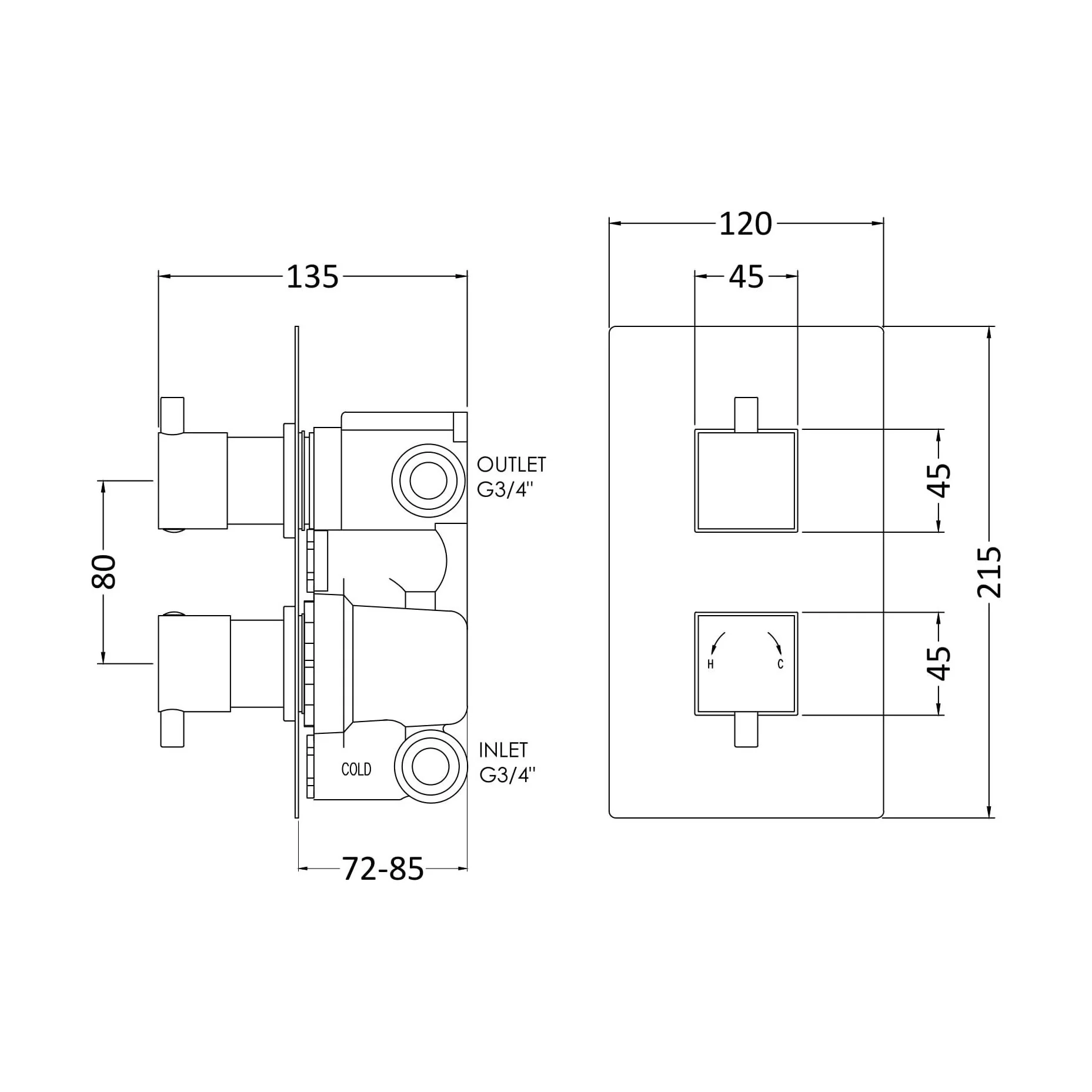 Balterley Contemporary Square Concealed Twin Thermostatic Shower Valve with Diverter 2 Outlets - Chrome - Image 2