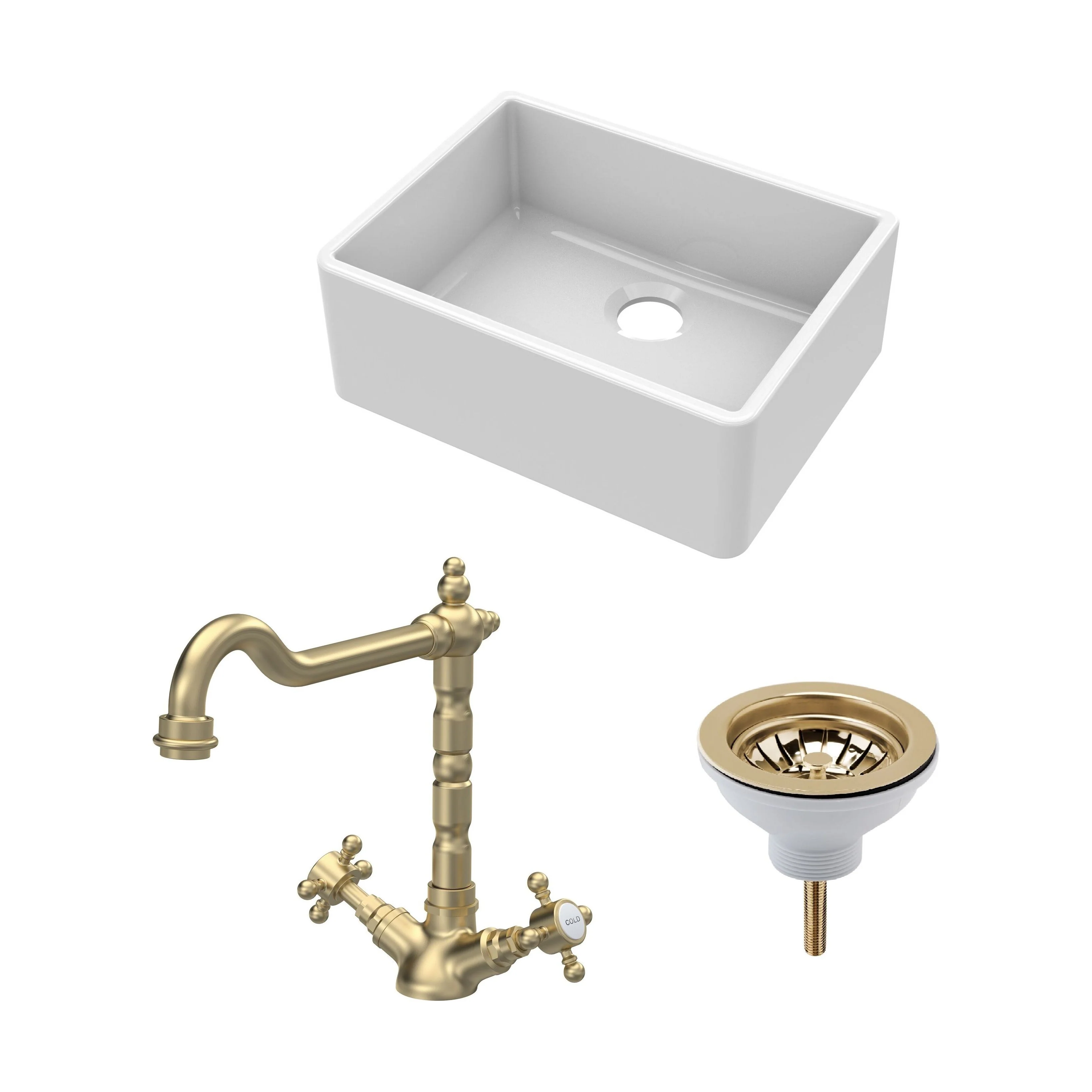 Fireclay Kitchen Bundle: Single Bowl Butler Sink, Strainer Waste & French Classic Mono Tap, 595mm - Brushed Brass