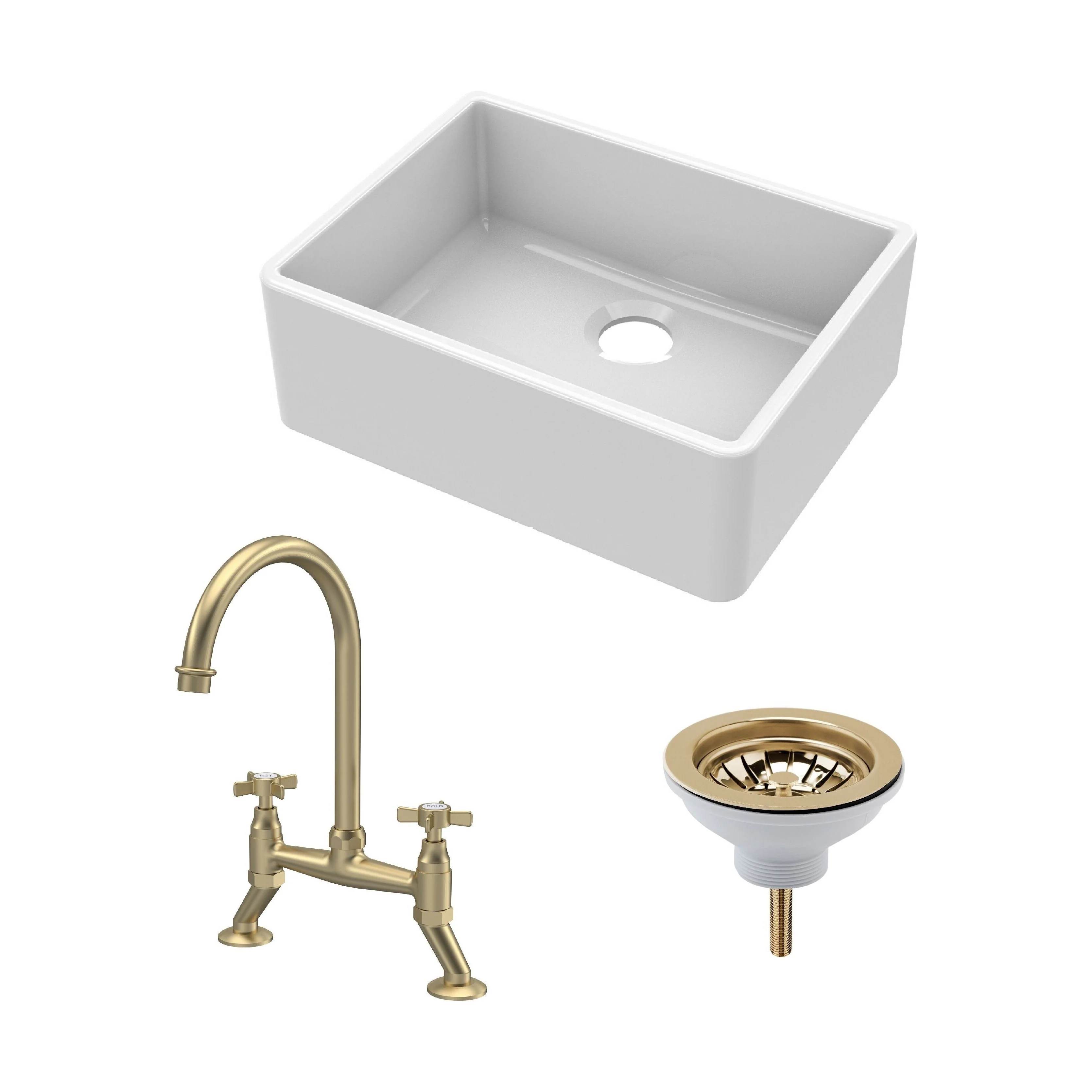 Fireclay Kitchen Bundle: Single Bowl Butler Sink, Strainer Waste & Bridge Crosshead Mixer Tap, 595mm - Brushed Brass