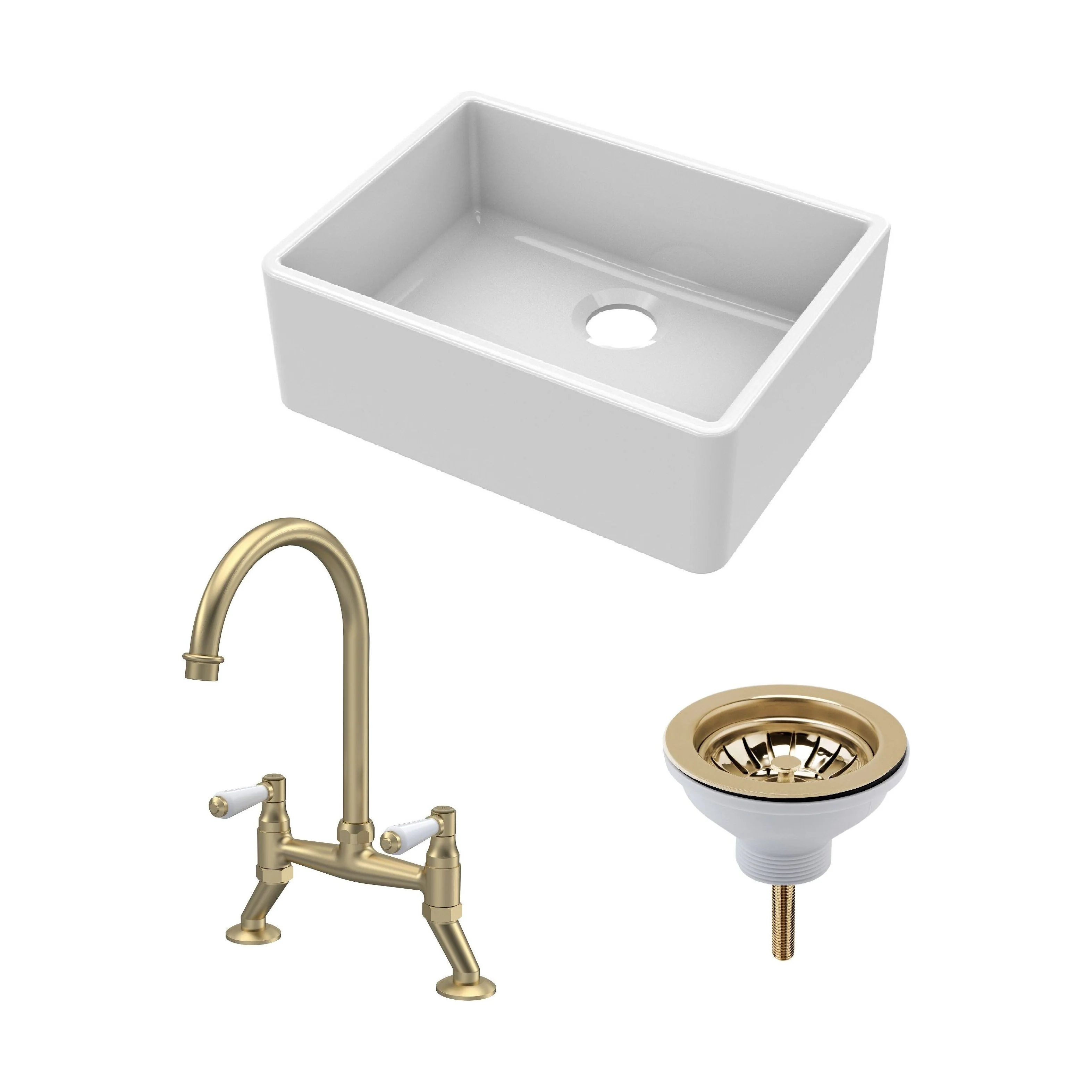 Fireclay Kitchen Bundle: Single Bowl Butler Sink, Strainer Waste & Bridge Lever Mixer Tap, 595mm - Brushed Brass
