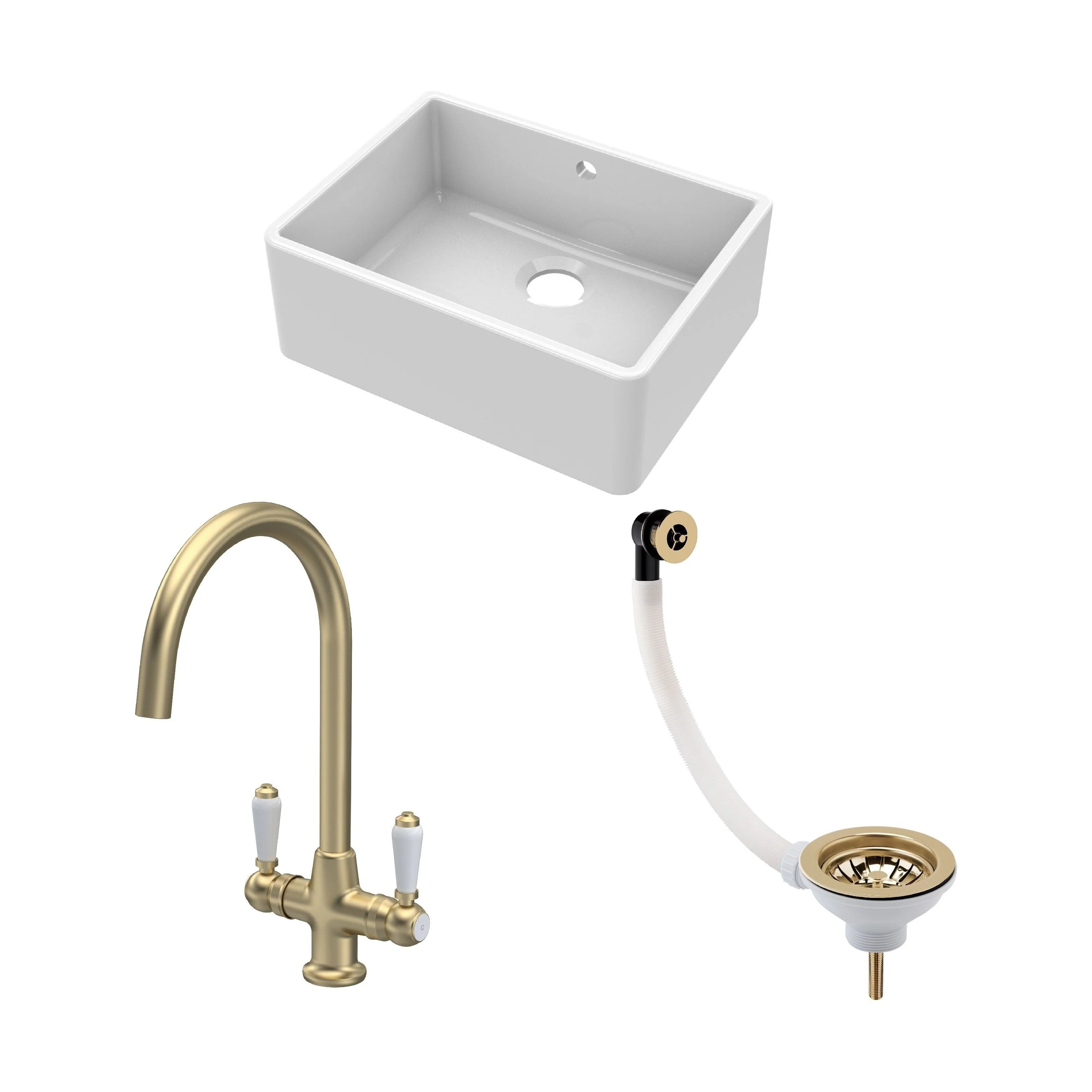 Traditional Fireclay Kitchen Bundle: Single Bowl Butler Sink with Overflow, Waste & Mono Lever Handle Tap, 595mm - Brushed Brass