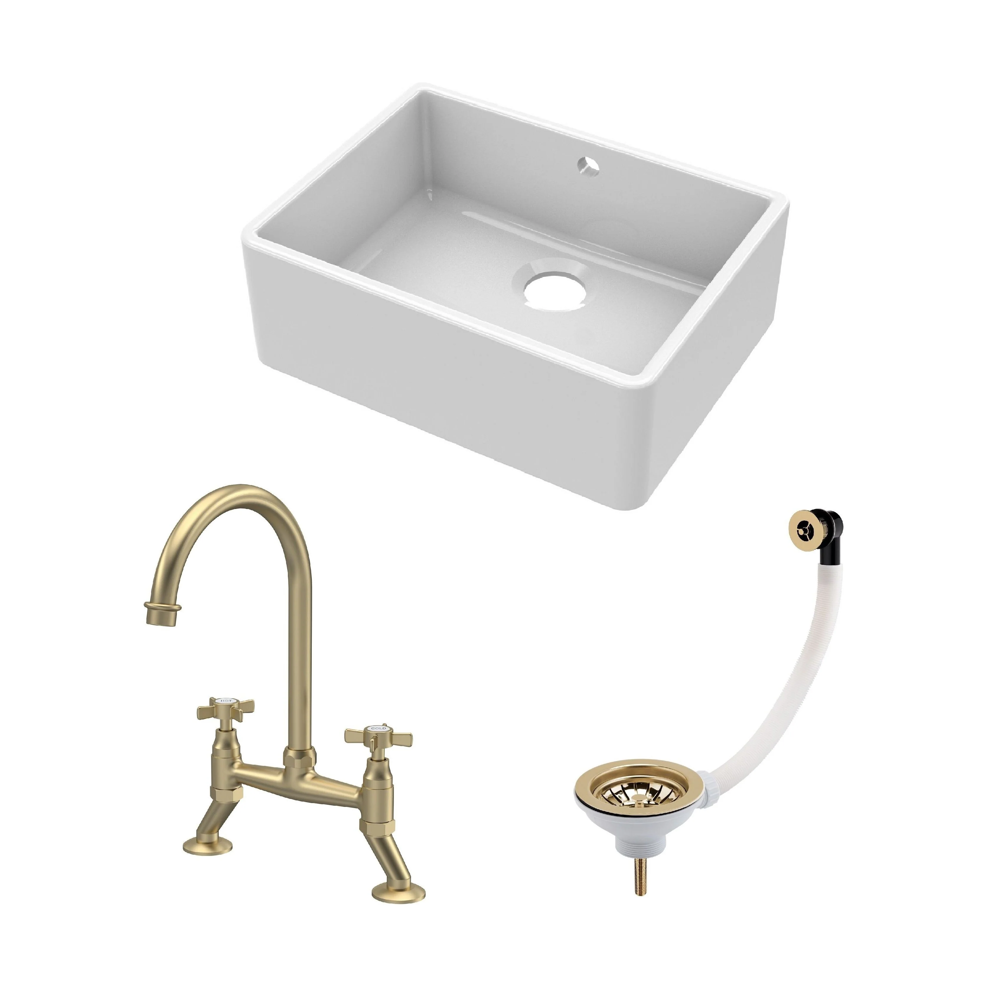 Fireclay Kitchen Bundle: Single Bowl Butler Sink with Overflow, Waste & Bridge Mixer Kitchen Tap, 595mm - Brushed Brass