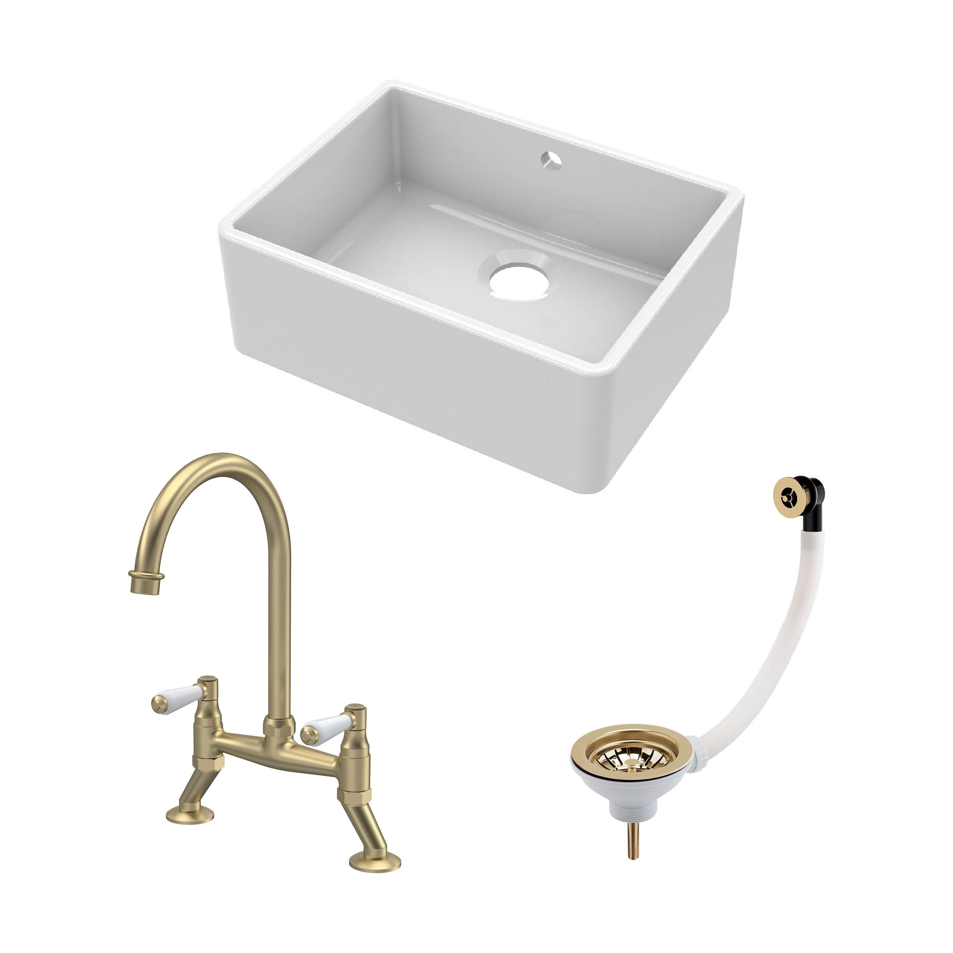 Fireclay Kitchen Bundle: Single Bowl Butler Sink and Overflow, Waste & Bridge Lever Mixer Kitchen Tap, 595mm - Brushed Brass