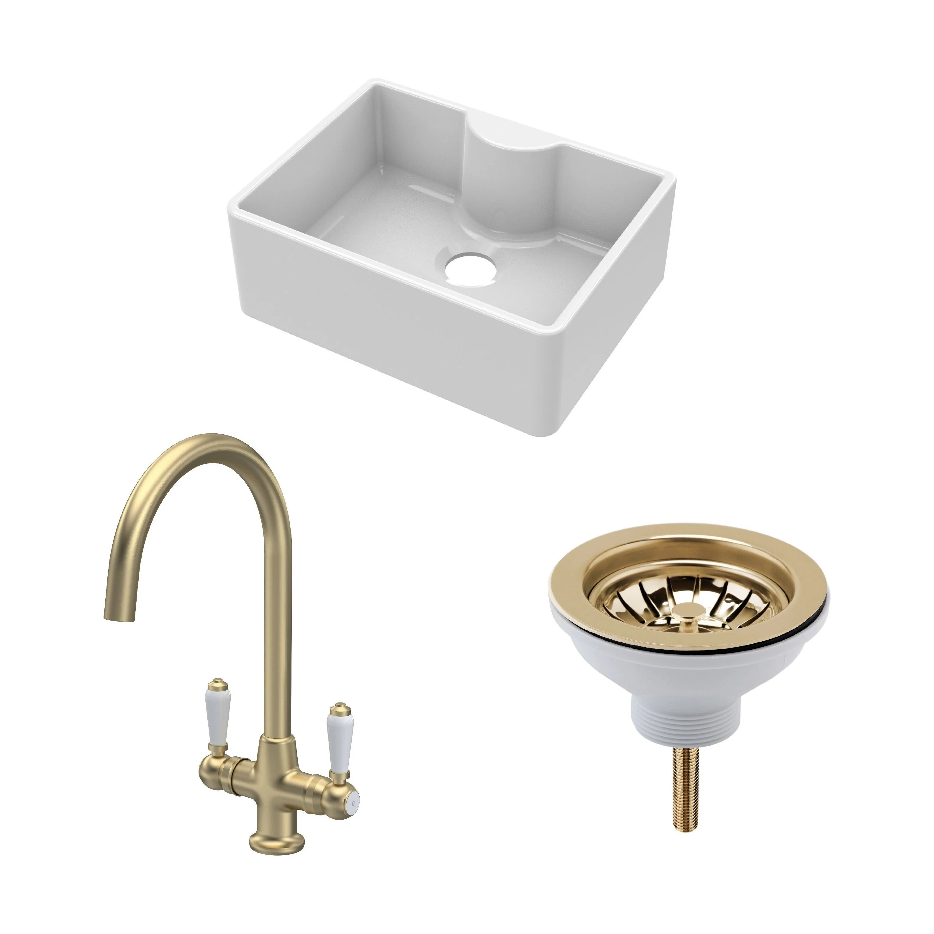 Traditional Fireclay Kitchen Bundle: Single Bowl Butler Sink with Tap Ledge, Waste & Mono Lever Mixer Tap, 595mm - Brushed Brass