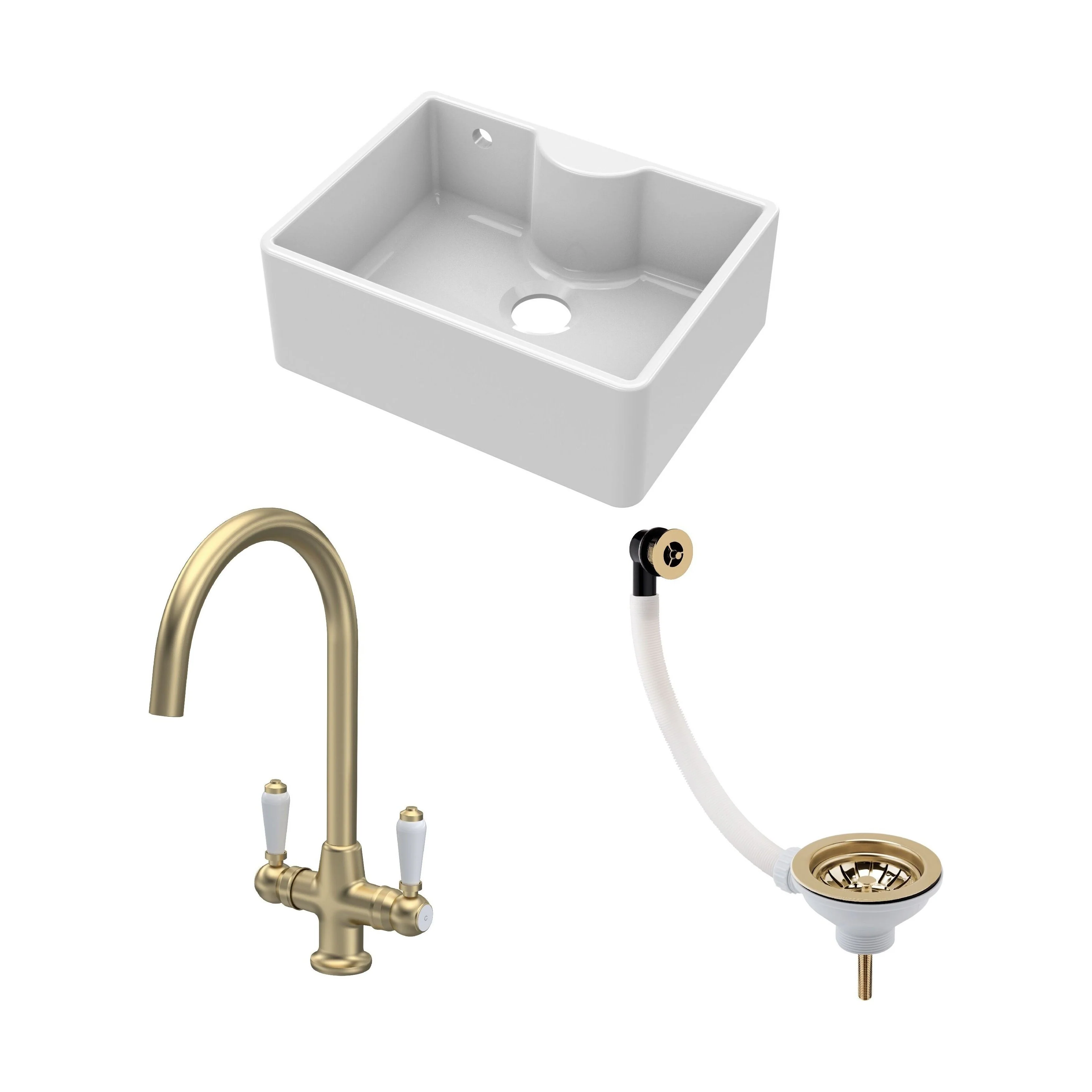 Traditional Fireclay Single Bowl Butler Kitchen Sink Bundle with Overflow, Tap Ledge, Mono Mixer Tap & Waste, 595mm - Brushed Brass