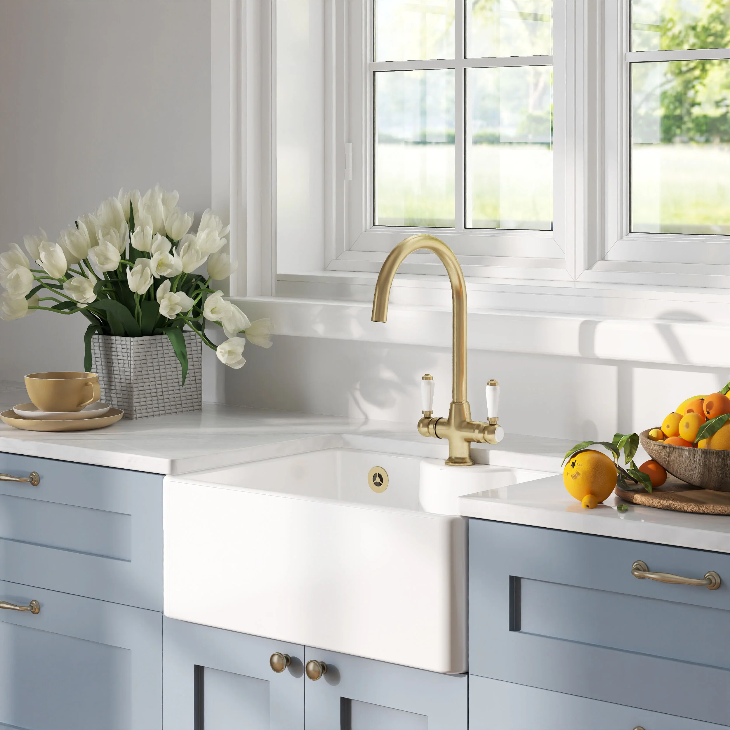 Traditional Fireclay Single Bowl Butler Kitchen Sink Bundle with Overflow, Tap Ledge, Mono Mixer Tap & Waste, 595mm - Brushed Brass - Image 4