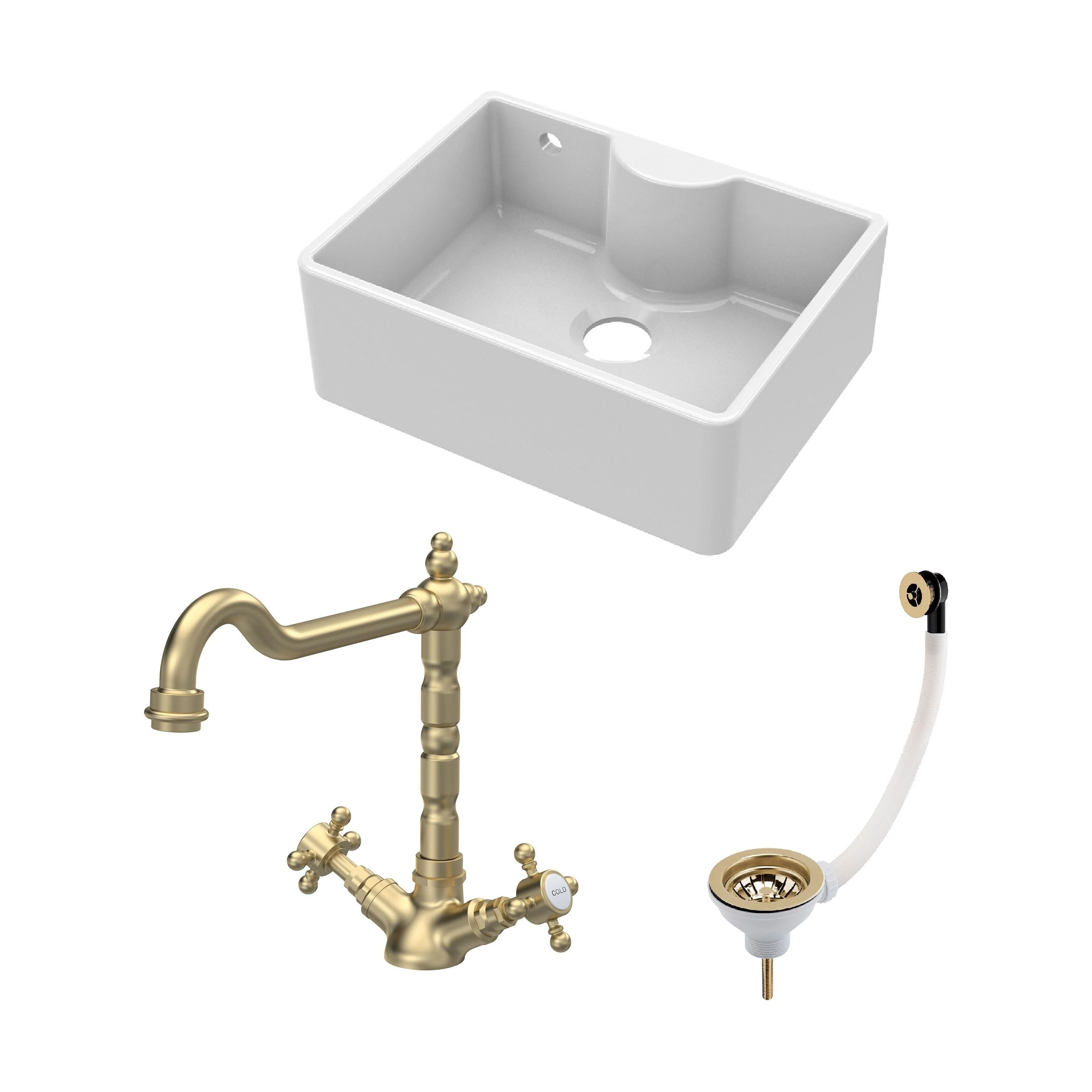 Fireclay Kitchen Bundle: Single Bowl Butler Sink with Overflow, Tap Ledge, Waste & Classic Tap, 595mm - Brushed Brass