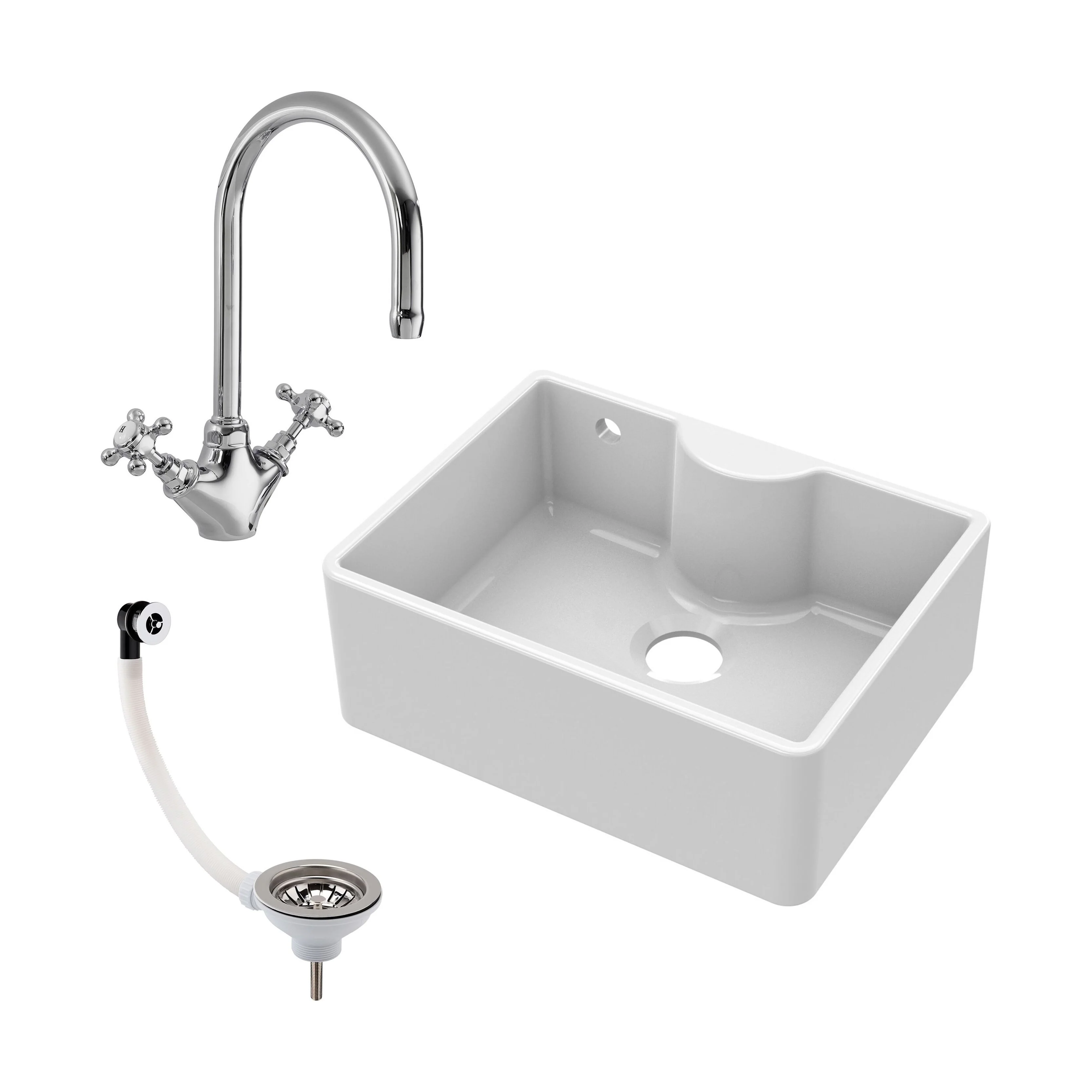 Traditional Fireclay Kitchen Sink Bundle: Single Bowl Butler Tap Ledge, Overflow, Waste and Kitchen Mixer Tap, 595mm