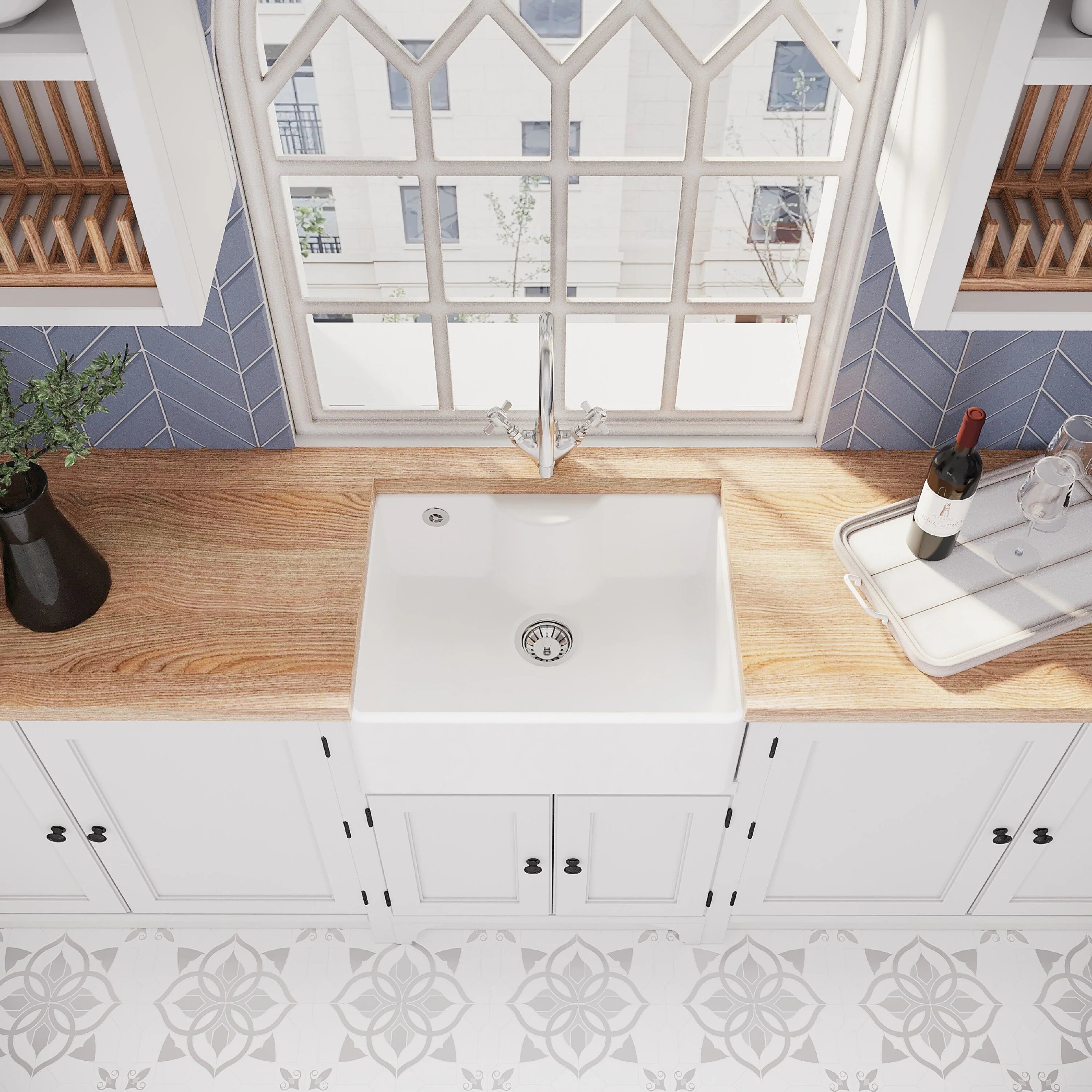 Traditional Fireclay Kitchen Sink Bundle: Single Bowl Butler Tap Ledge, Overflow, Waste and Kitchen Mixer Tap, 595mm - Image 3