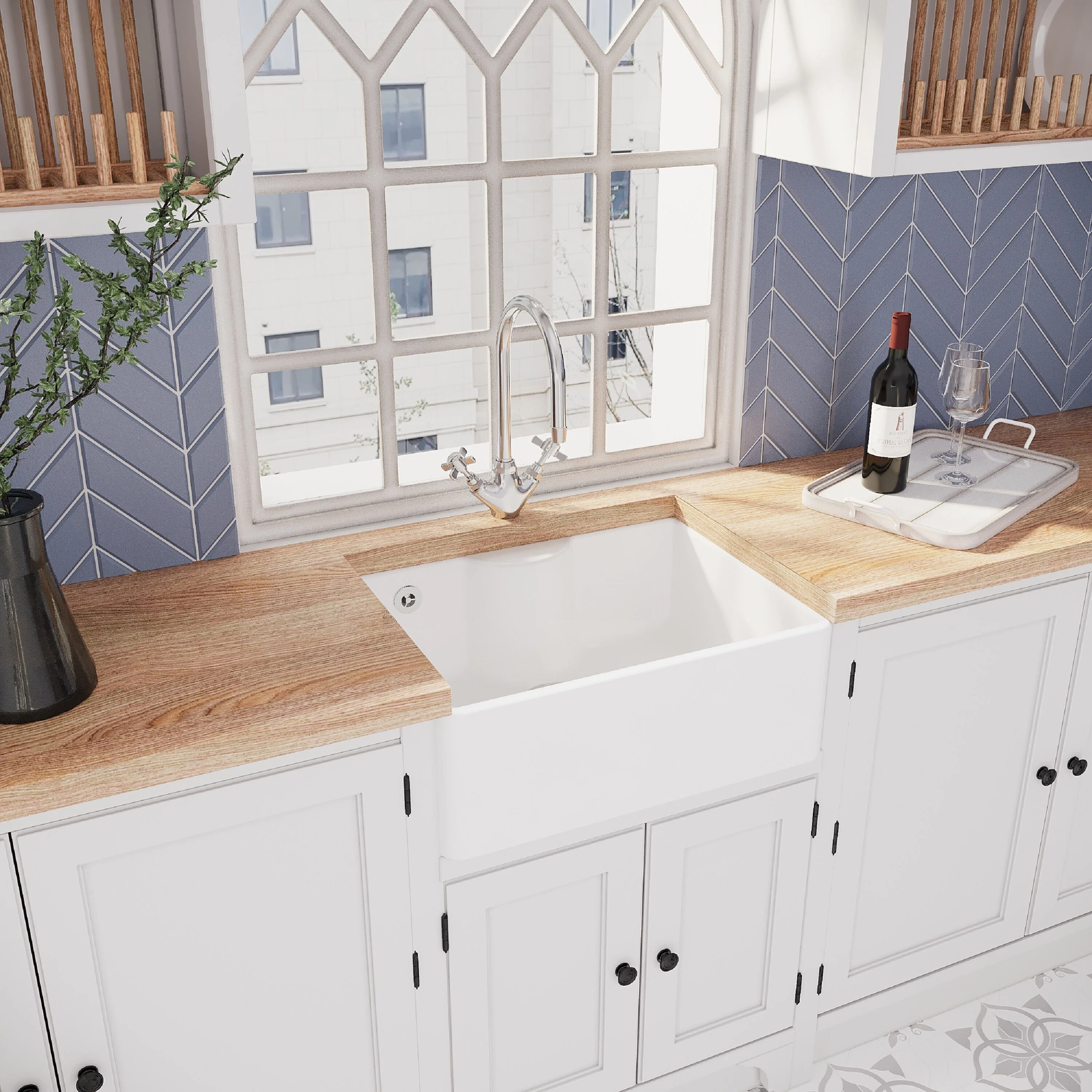 Traditional Fireclay Kitchen Sink Bundle: Single Bowl Butler Tap Ledge, Overflow, Waste and Kitchen Mixer Tap, 595mm - Image 4
