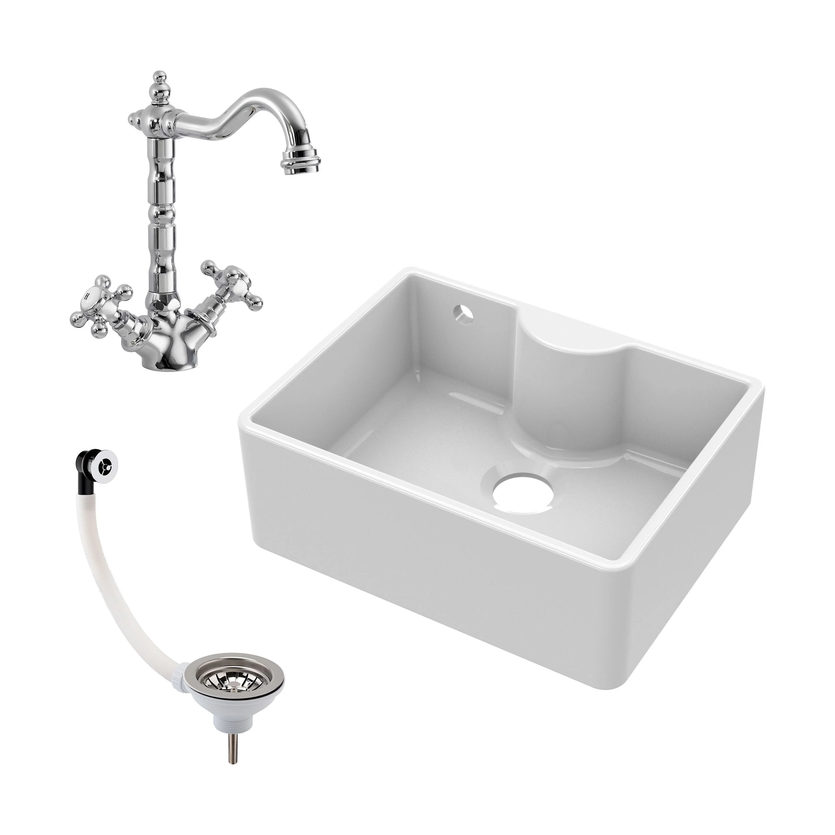 Fireclay 595mm Single Bowl Butler Kitchen Sink with Tap Ledge, Overflow, Classic Kitchen Mixer Tap and Waste Bundle by Balterley