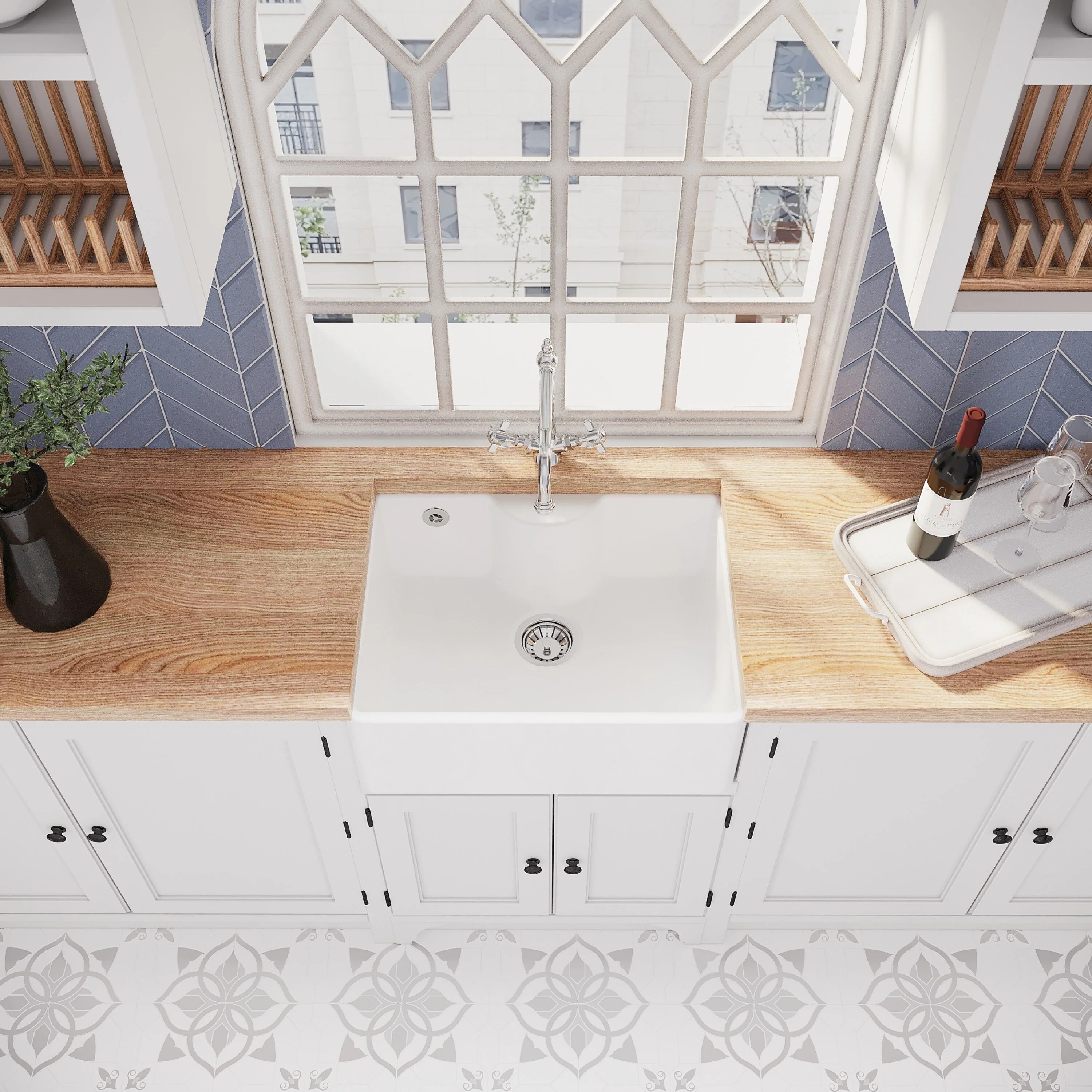 Fireclay 595mm Single Bowl Butler Kitchen Sink with Tap Ledge, Overflow, Classic Kitchen Mixer Tap and Waste Bundle by Balterley - Image 3