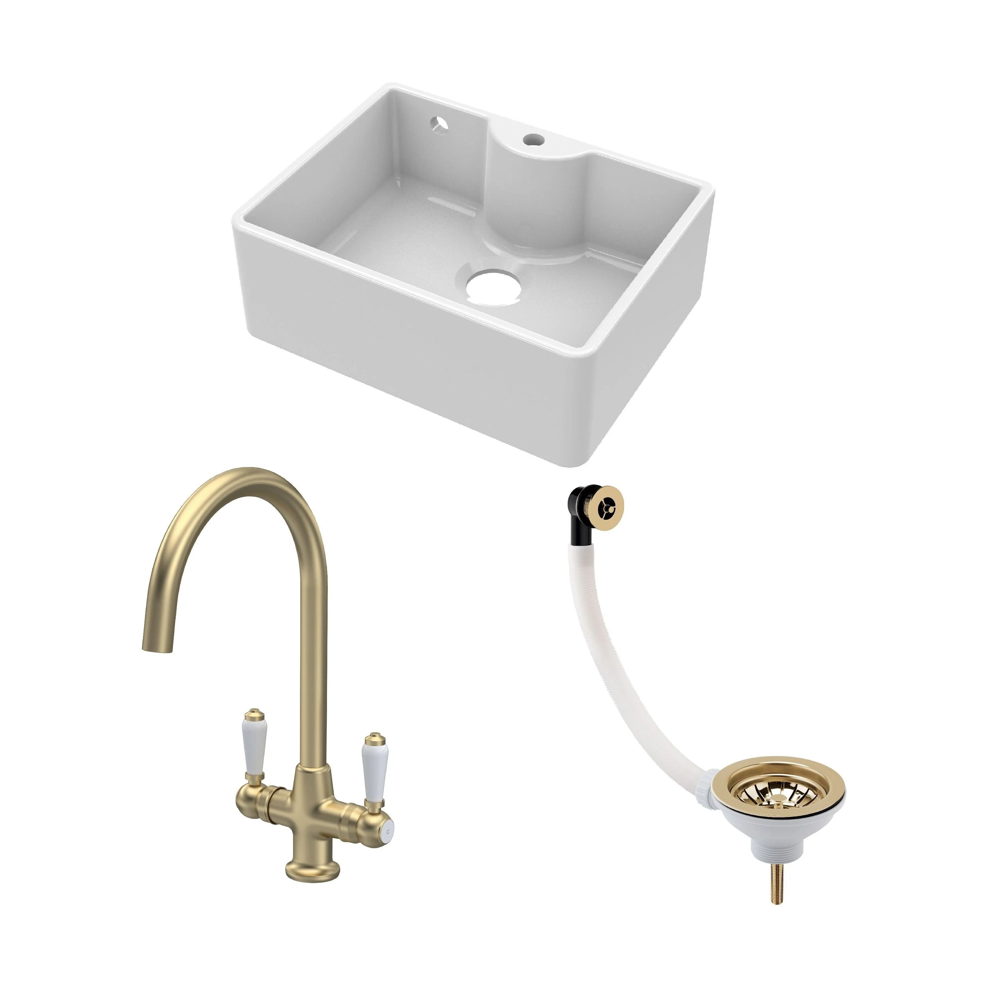 Traditional Fireclay Kitchen Bundle: Single Bowl Butler Sink and Overflow & Tap Hole, Waste & Lever Mixer Tap, 595mm - Brushed Brass