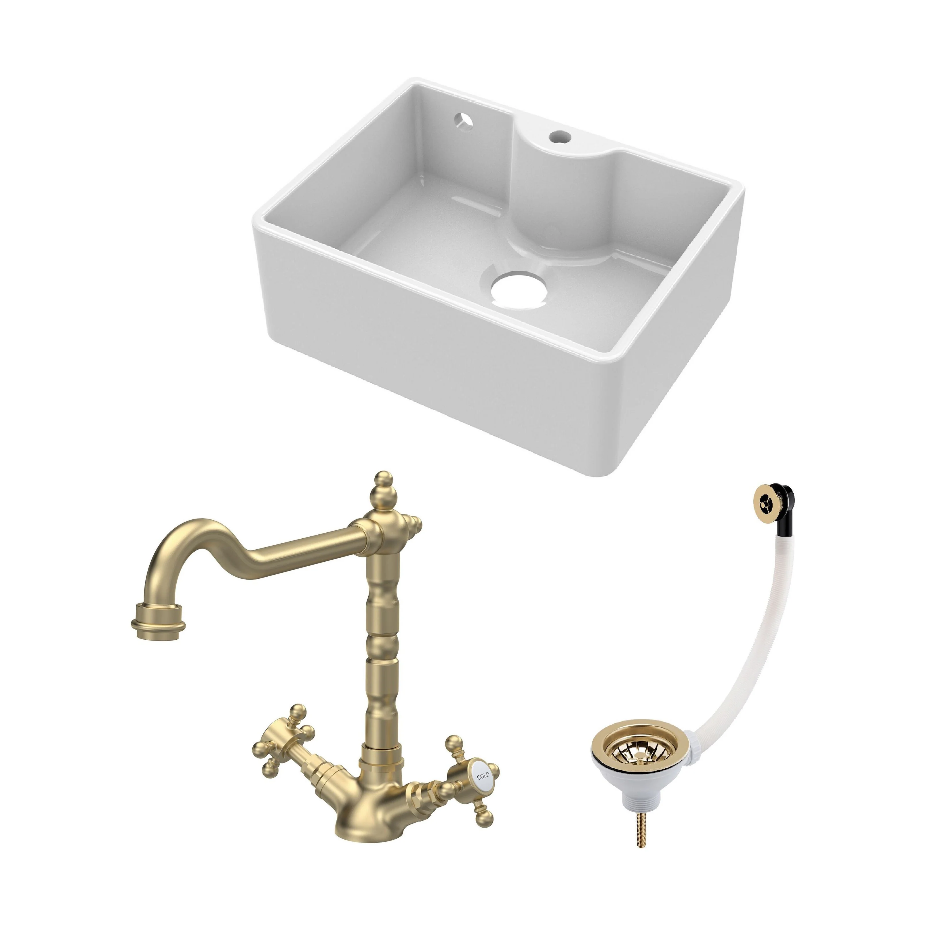 Fireclay Kitchen Bundle: Single Bowl Butler Sink with Overflow, Tap Hole, Waste & Classic Tap, 595mm - Brushed Brass