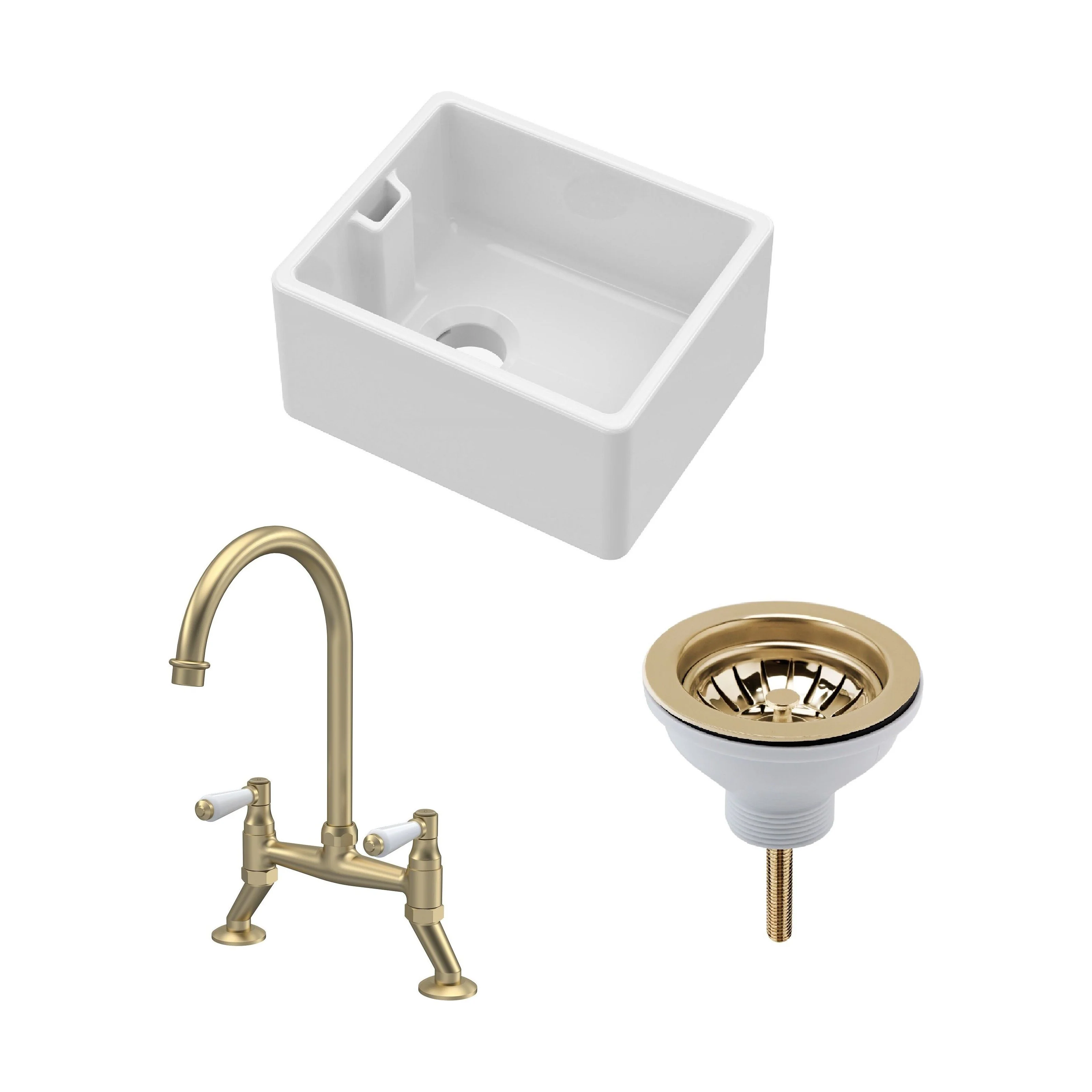 Fireclay Kitchen Bundle: Single Bowl Belfast Sink, Strainer Waste & Bridge Lever Tap, 460mm - Brushed Brass