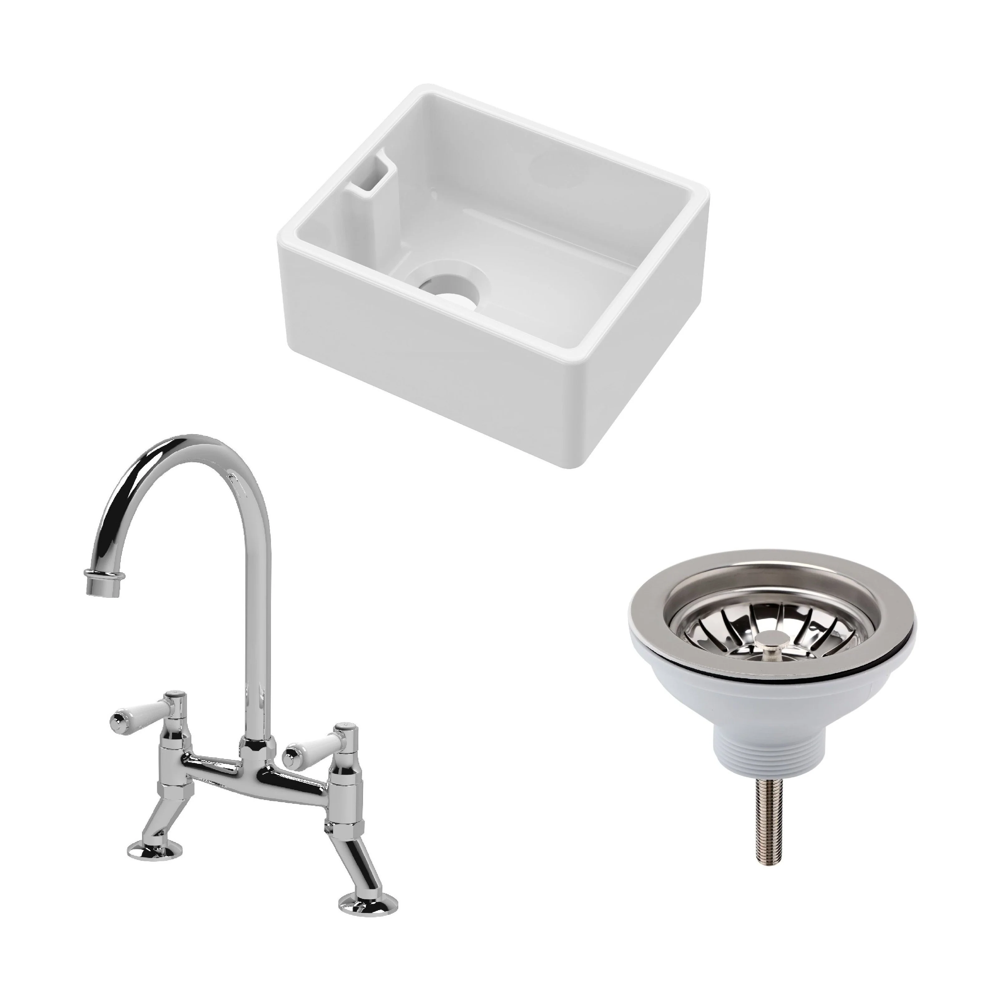 Traditional Fireclay Kitchen Bundle: Single Bowl Belfast Sink and Strainer Waste & Bridge Kitchen Mixer Tap, 460mm - Chrome