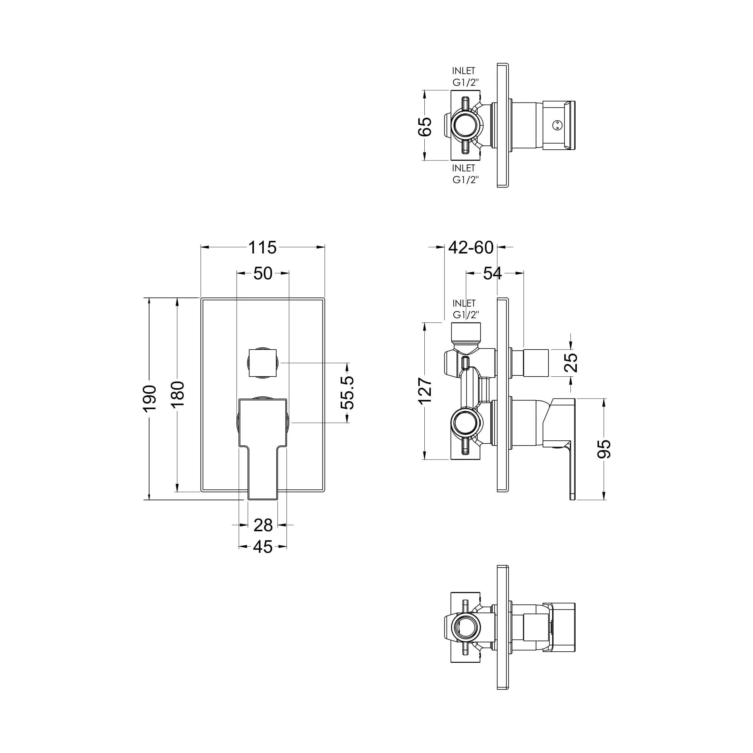 Ripple Contemporary Bathroom Square Concealed Manual Shower Valve with Diverter and Lever Handle, 180mm, Chrome - Balterley - Image 2