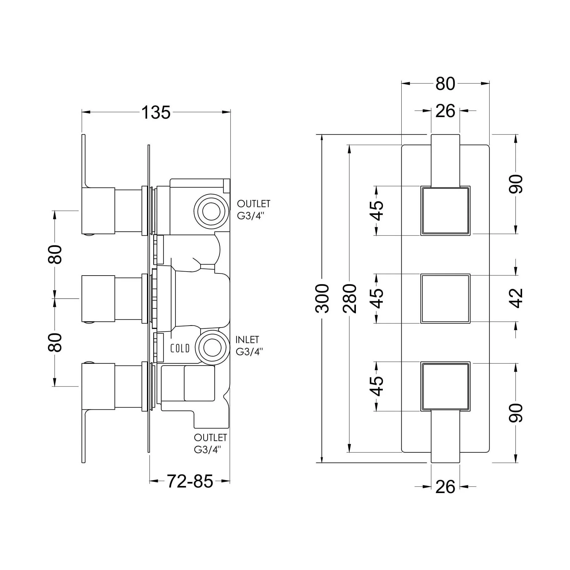 Ripple Contemporary Bathroom Twin Concealed Thermostatic Shower Valve with Diverter and Lever Handles, 300mm, Chrome - Balterley - Image 2