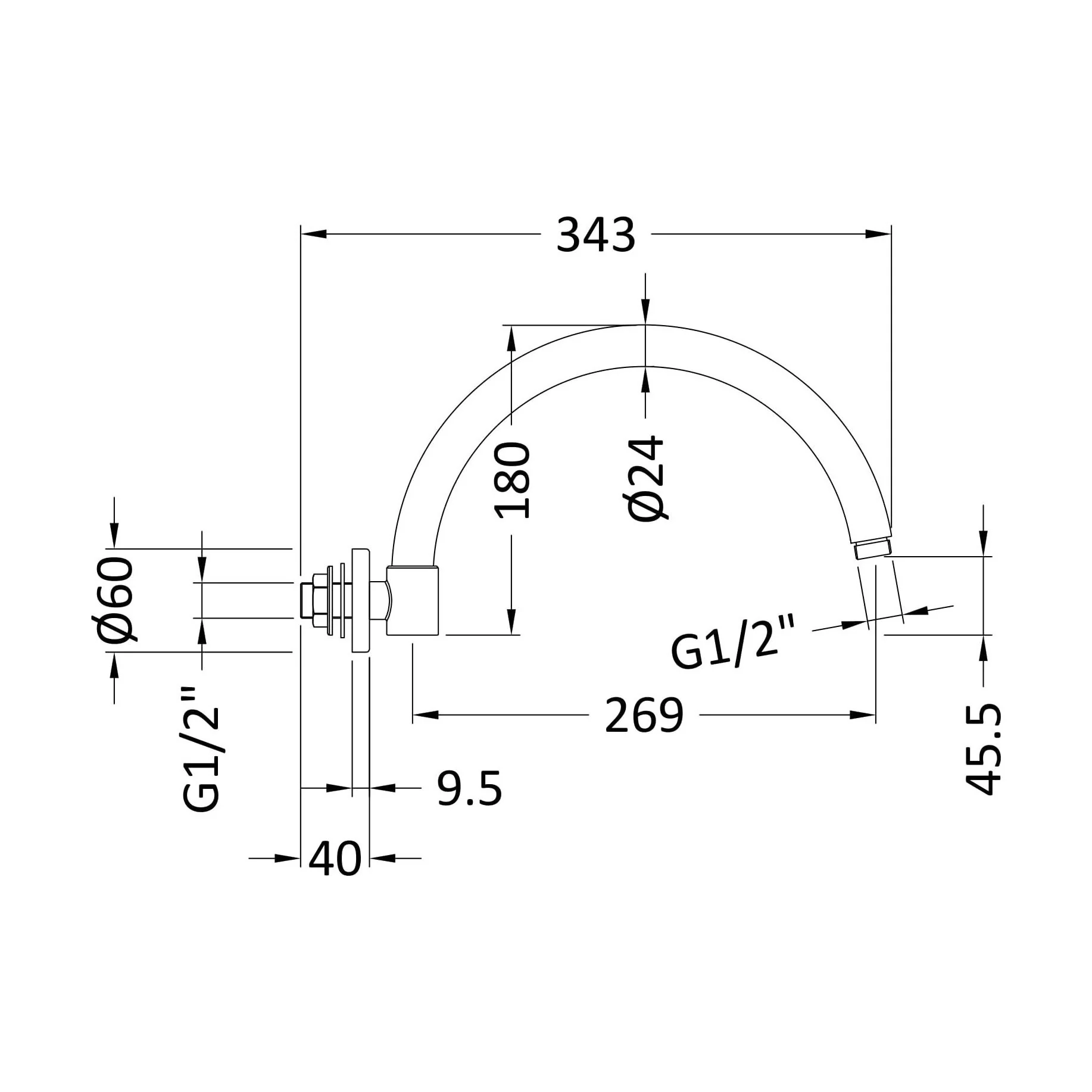 Round Wall Mount Curved Shower Arm - 303mm - Chrome - Image 2