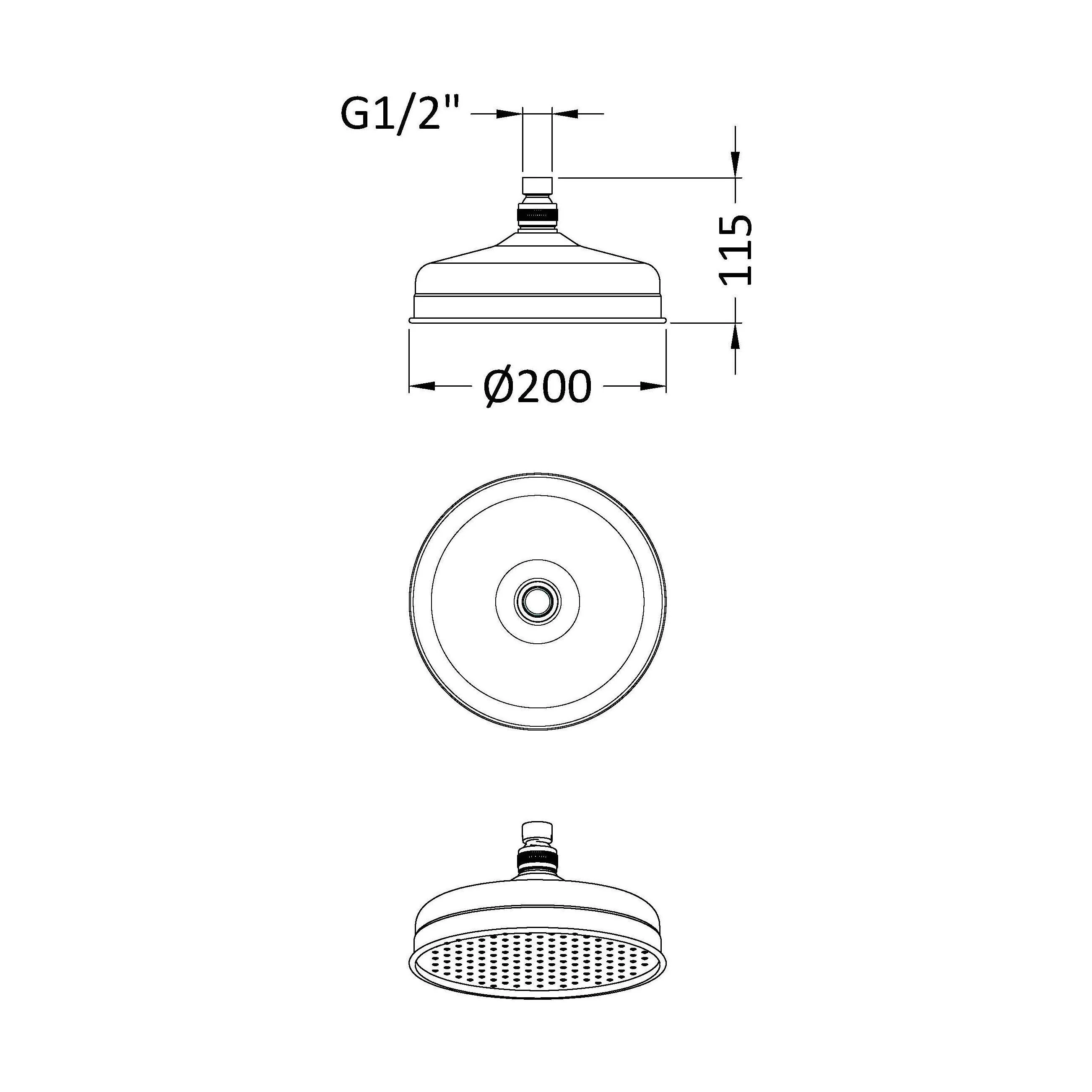 Balterley Traditional Apron Fixed Shower Head 194mm, Round Design, High Flow, Wall or Ceiling Mount - Chrome Finish - Image 2
