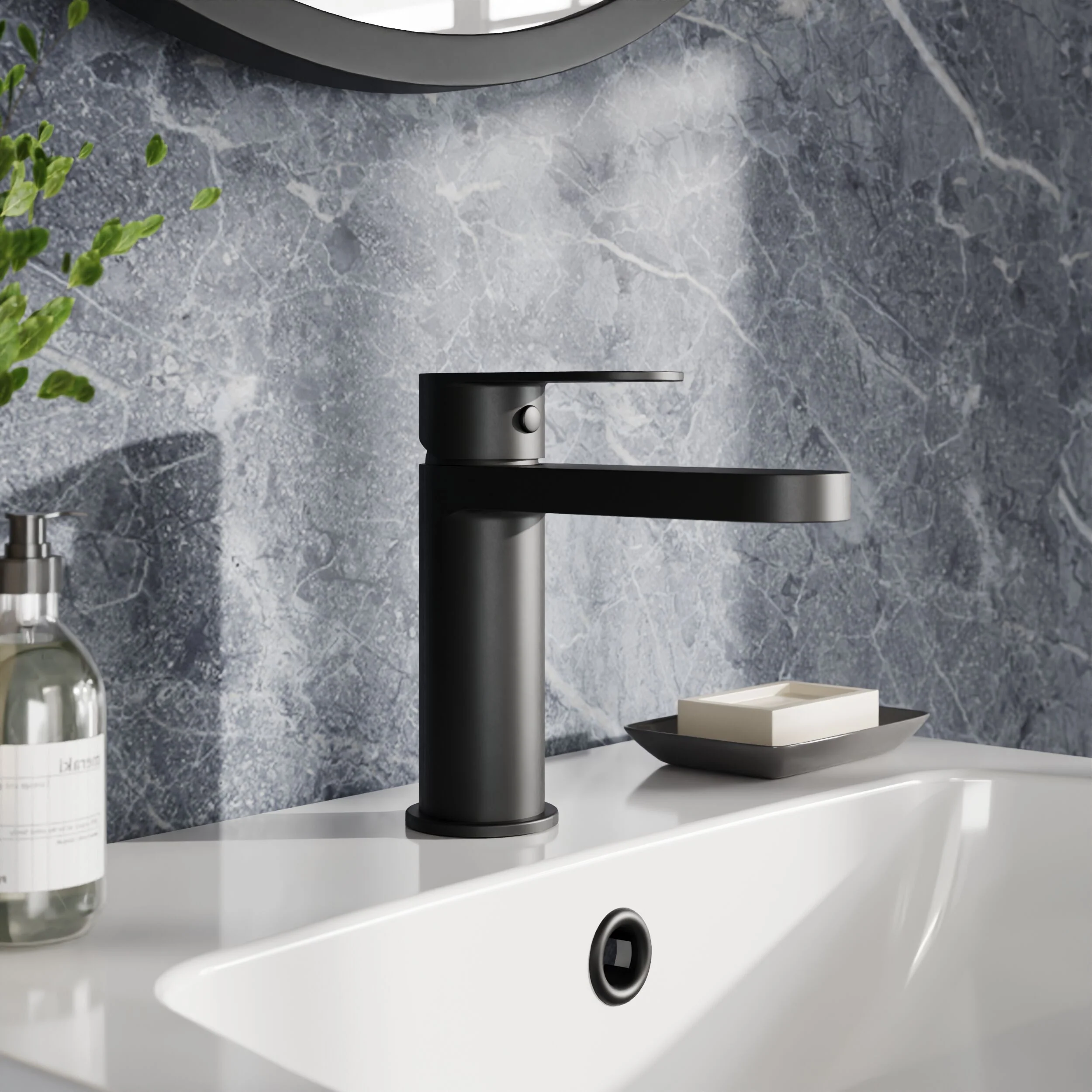 Balterley Cascade Round Mono Basin Mixer Tap & Push Button Waste - Matt Black - Image 2