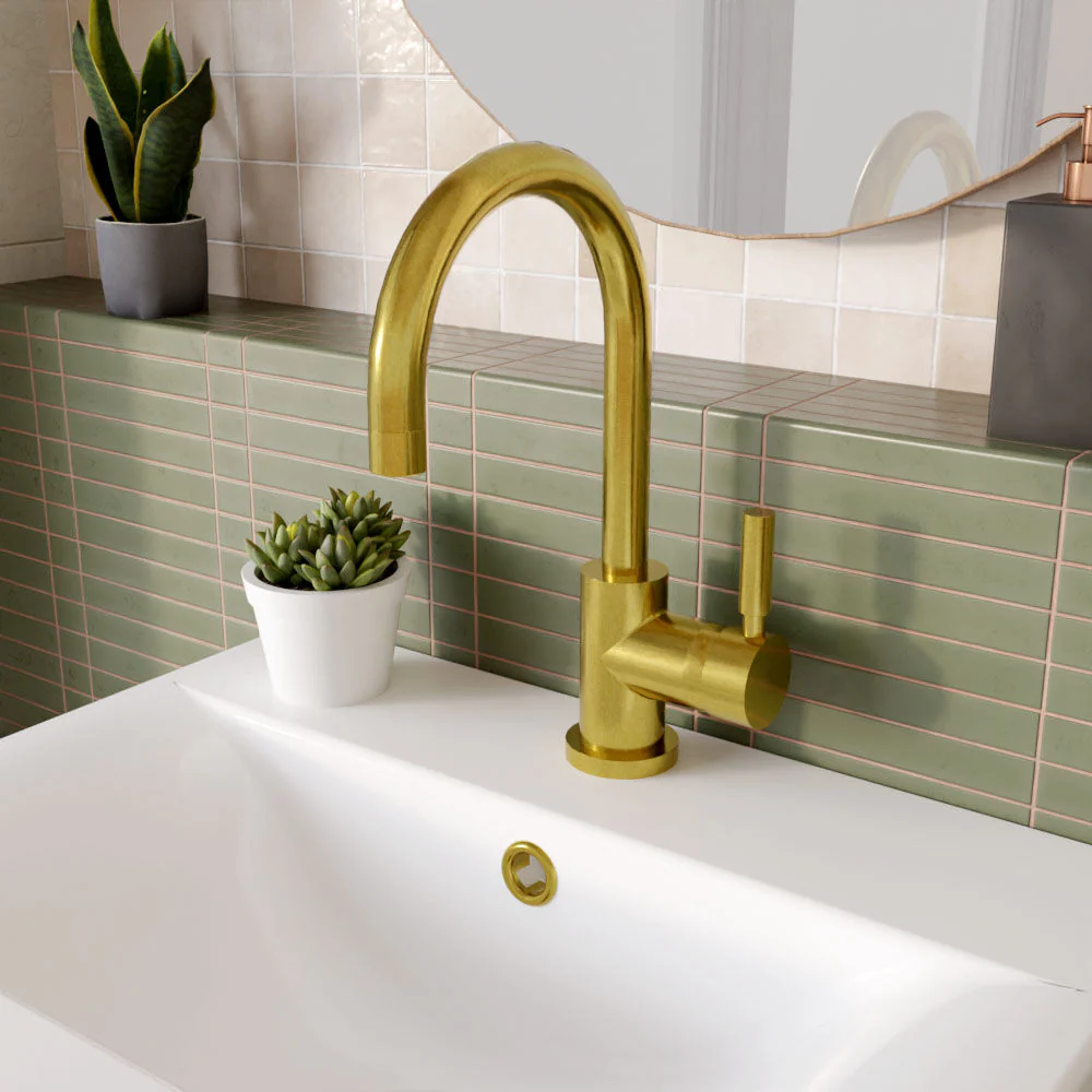 Contemporary Arch Round Tall Lever Mono Basin Mixer Tap (Waste Included) - Brushed Brass - Balterley - Image 4