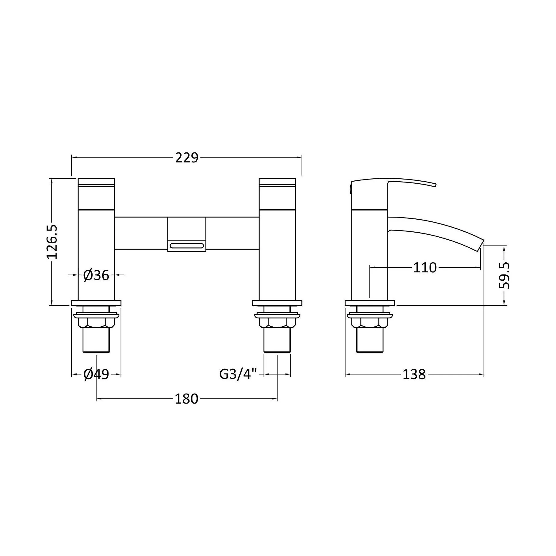 Balterley Contemporary Soft Square Dual Lever Deck Mounted Bath Filler Tap with Ceramic Disc Technology, 229 x 127 x 138mm, Chrome - Image 2