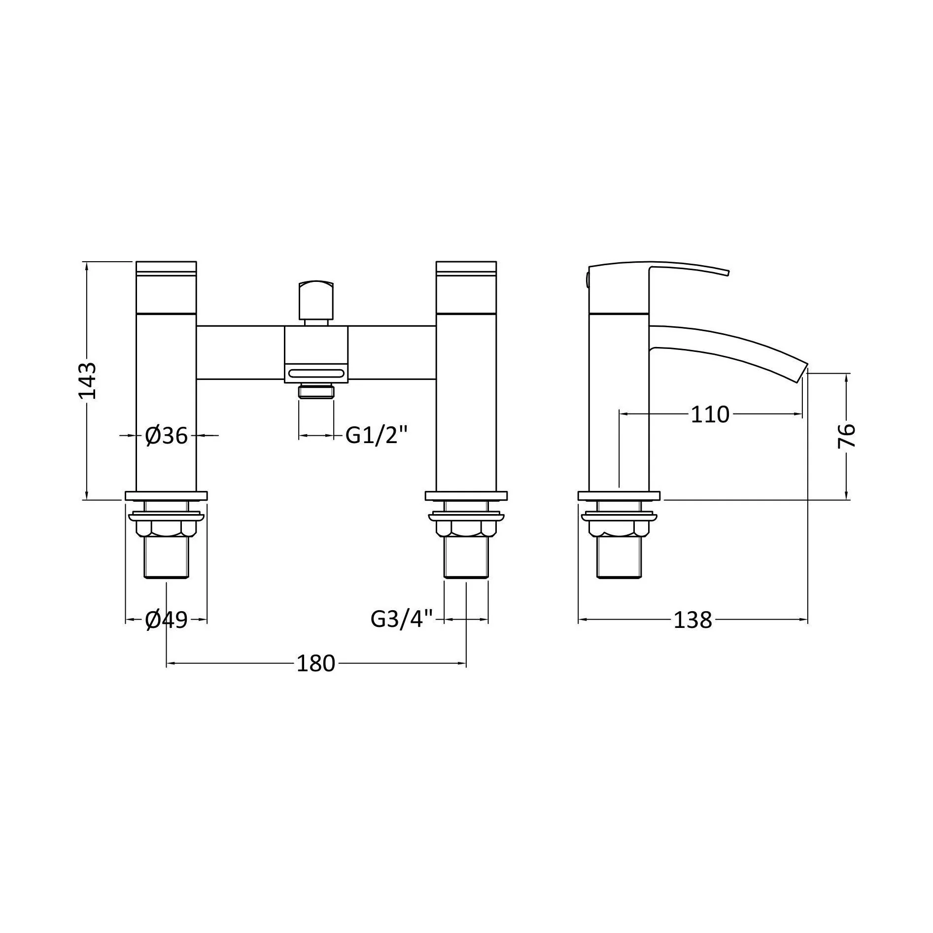 Balterley Contemporary Square Dual Lever Deck Mounted Bath Shower Mixer Tap with Ceramic Disc Technology, 229 x 127 x 138mm Chrome - Image 2