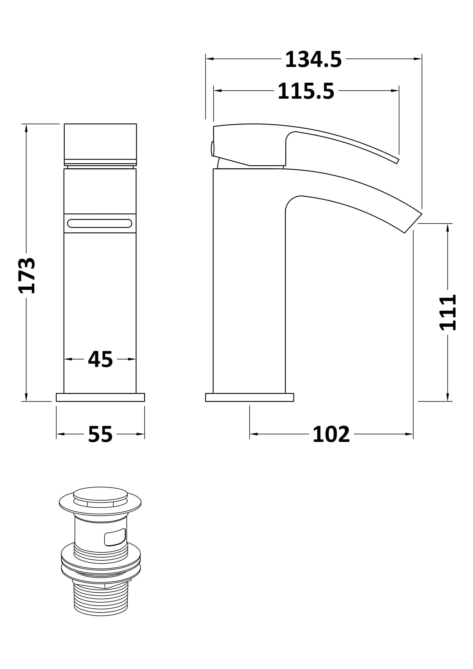 Balterley Contemporary Single Lever Deck Mounted Mono Basin Mixer Tap with Push Button Waste, 180 x 55 x 134mm, Brushed Brass - Image 2