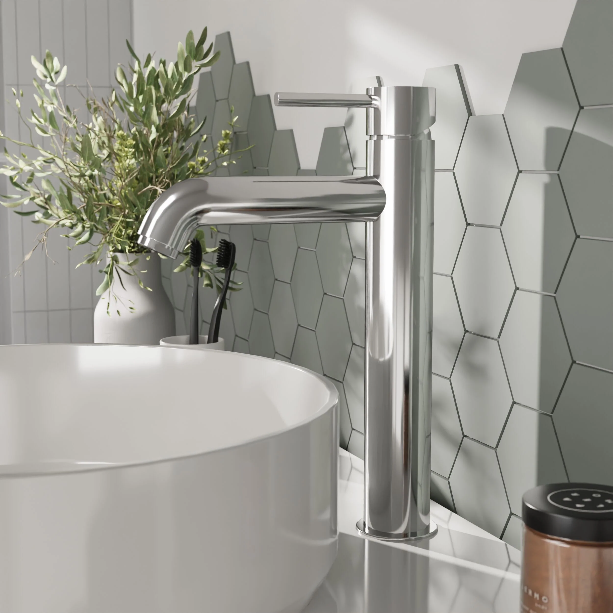 Round Minimalist Tall Mono Basin Mixer Tap - Chrome - Image 2