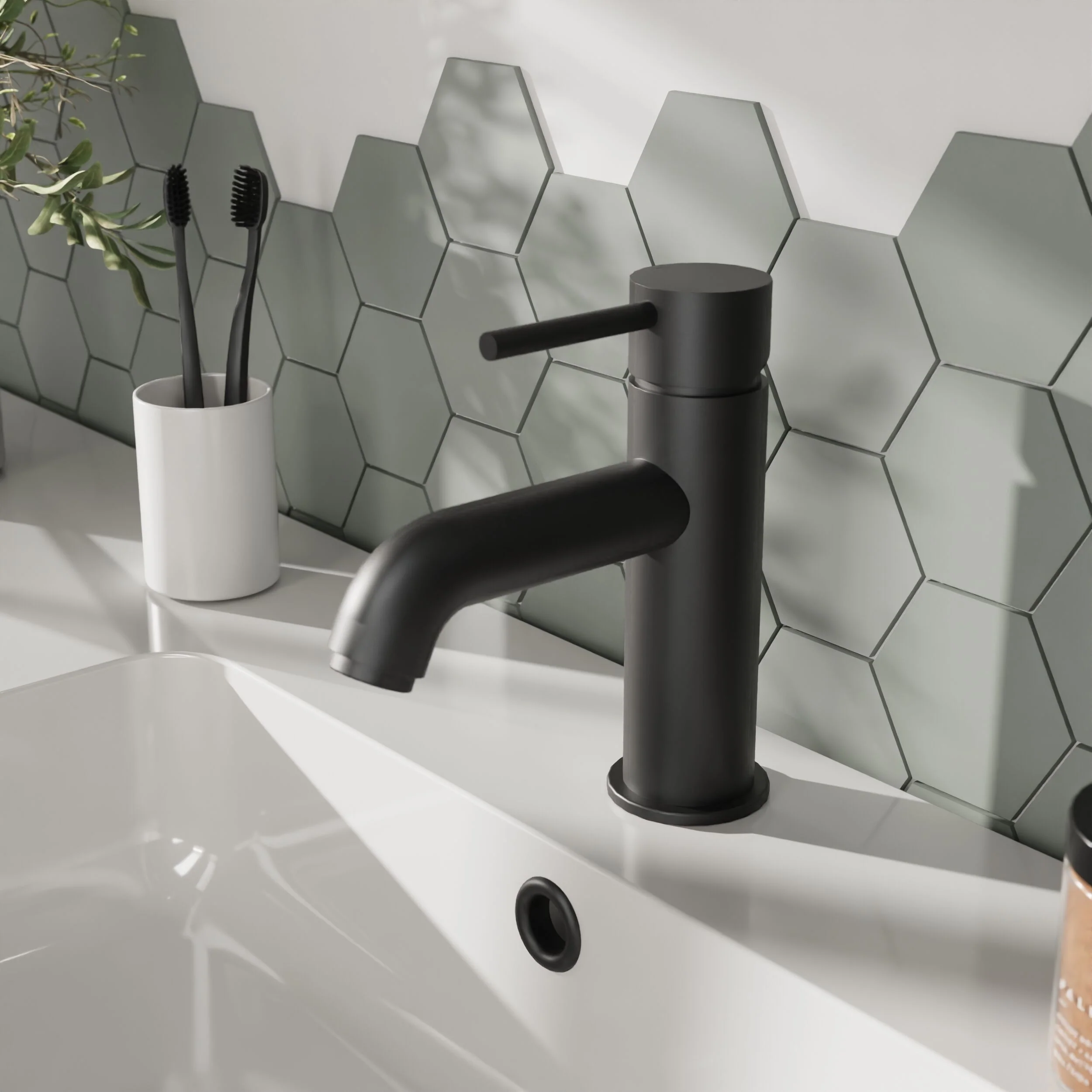 Contemporary Round Mono Basin Mixer Tap & Push Button Waste - Matt Black - Balterley - Image 2