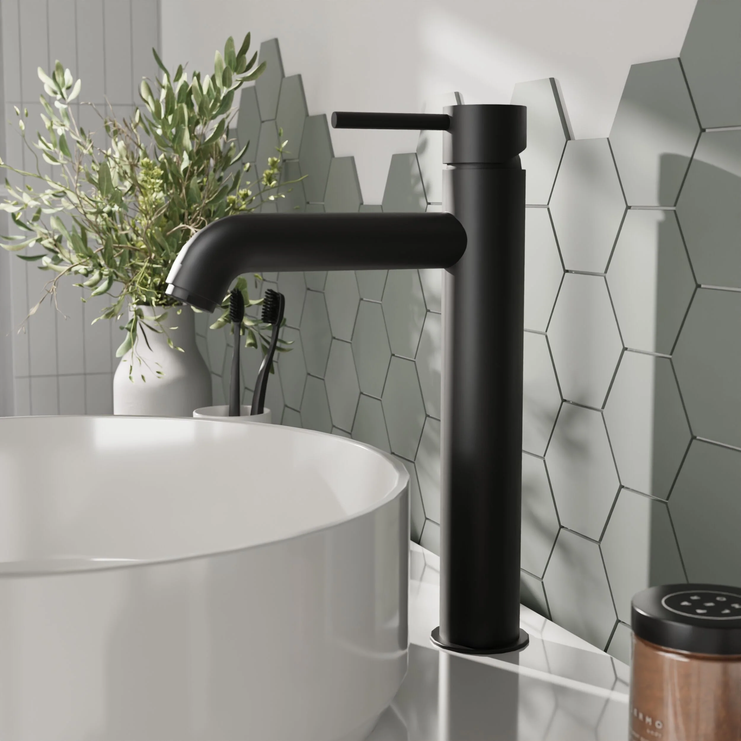 Round Minimalist Tall Mono Basin Mixer Tap - Matt Black - Image 2