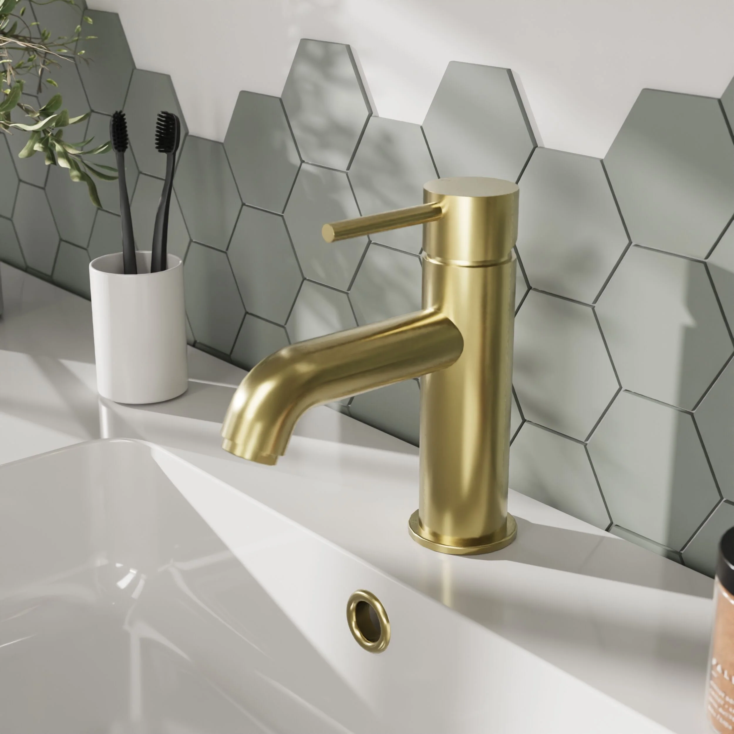 Round Mono Basin Sink Mixer Tap & Push Button Waste - Brushed Brass - Balterley - Image 2