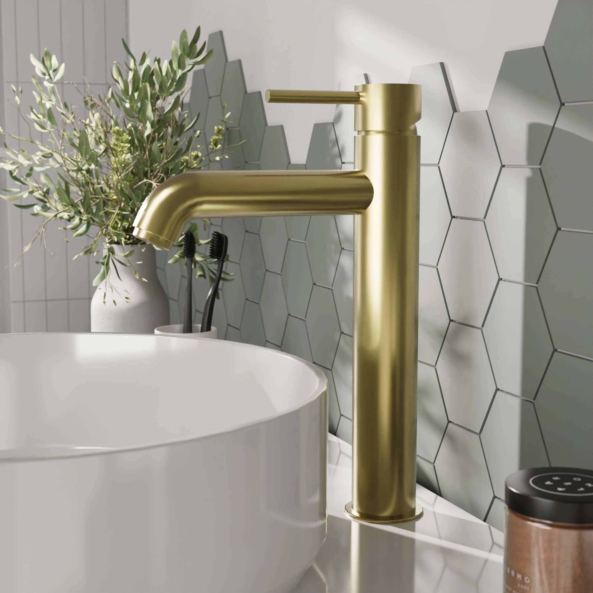 Round Minimalist Tall Mono Basin Mixer Tap - Brushed Brass - Image 2