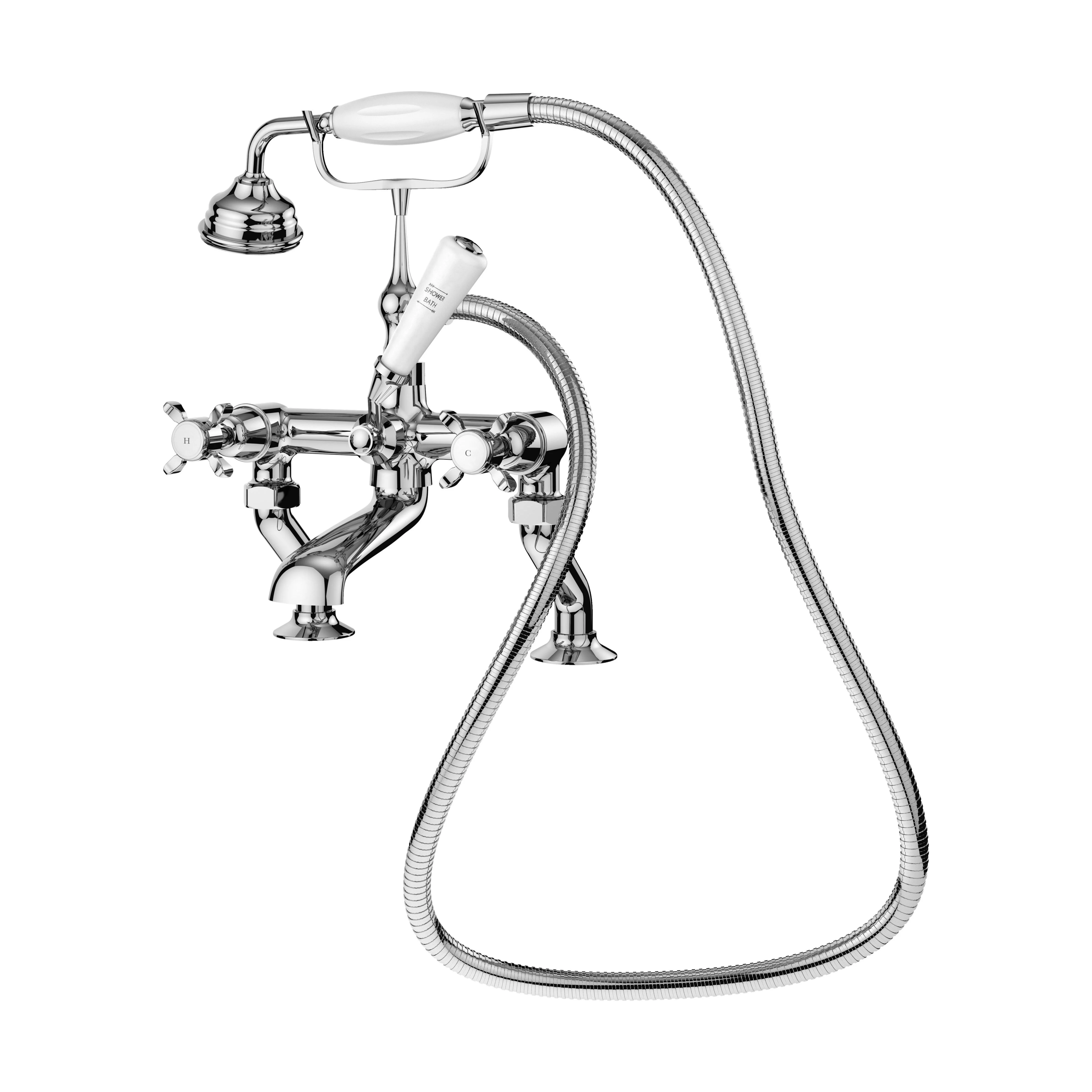 Traditional Deck Mounted Crosshead Bath Shower Mixer Tap with Shower Kit - Chrome/White