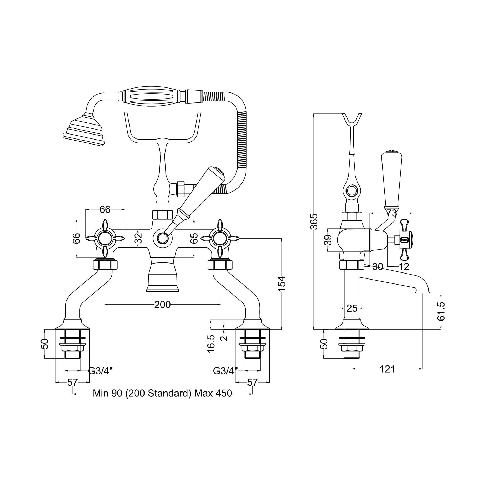 Traditional Deck Mounted Crosshead Bath Shower Mixer Tap with Shower Kit - Chrome/White - Image 2