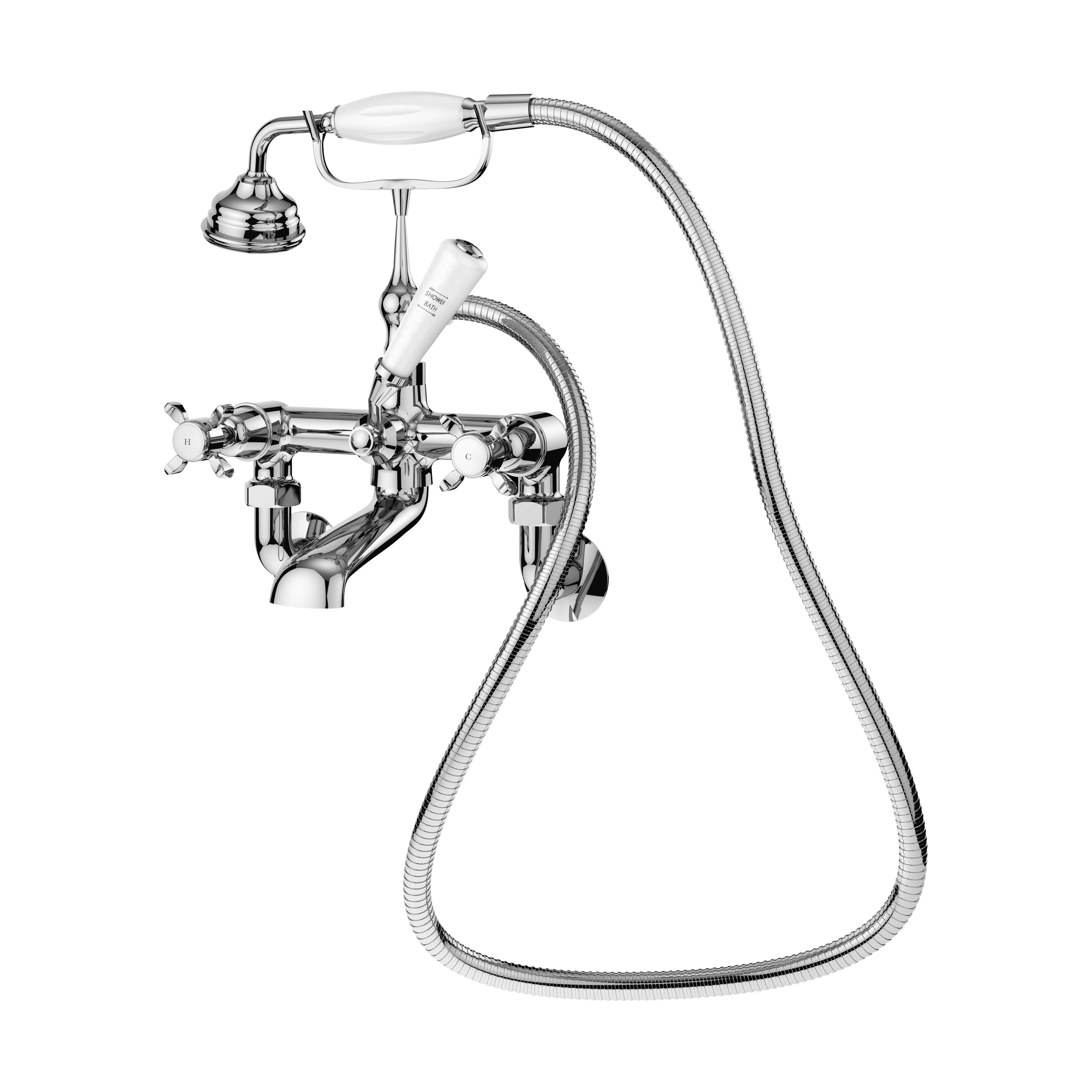 Traditional Wall Mounted Crosshead Bath Shower Mixer Tap with Shower Kit - Chrome/White