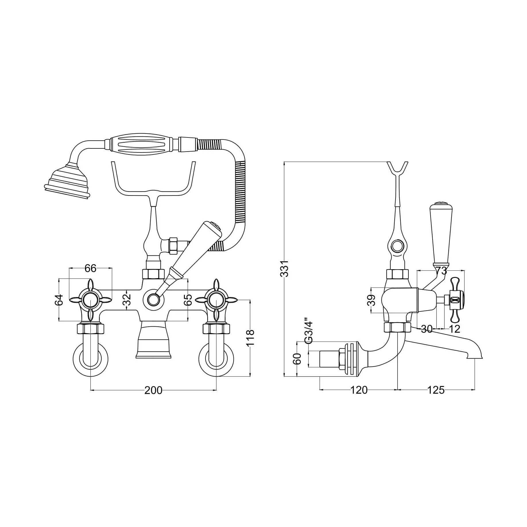 Traditional Wall Mounted Crosshead Bath Shower Mixer Tap with Shower Kit - Chrome/White - Image 2