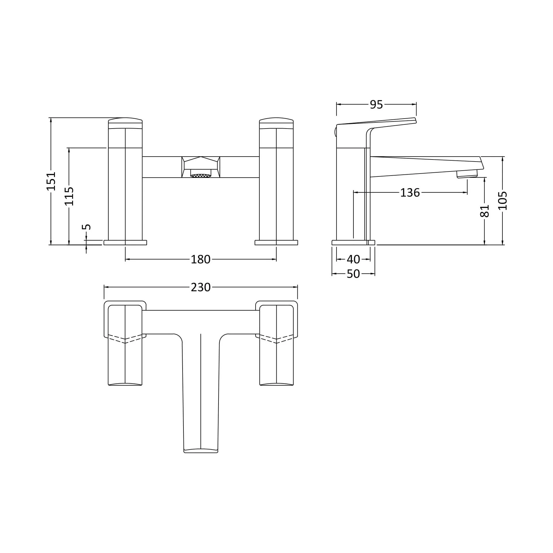 Balterley Luxury Square Deck Mounted Bath Filler Tap, Dual Lever Mixer with Waterfall Spout - Chrome Finish - Image 2